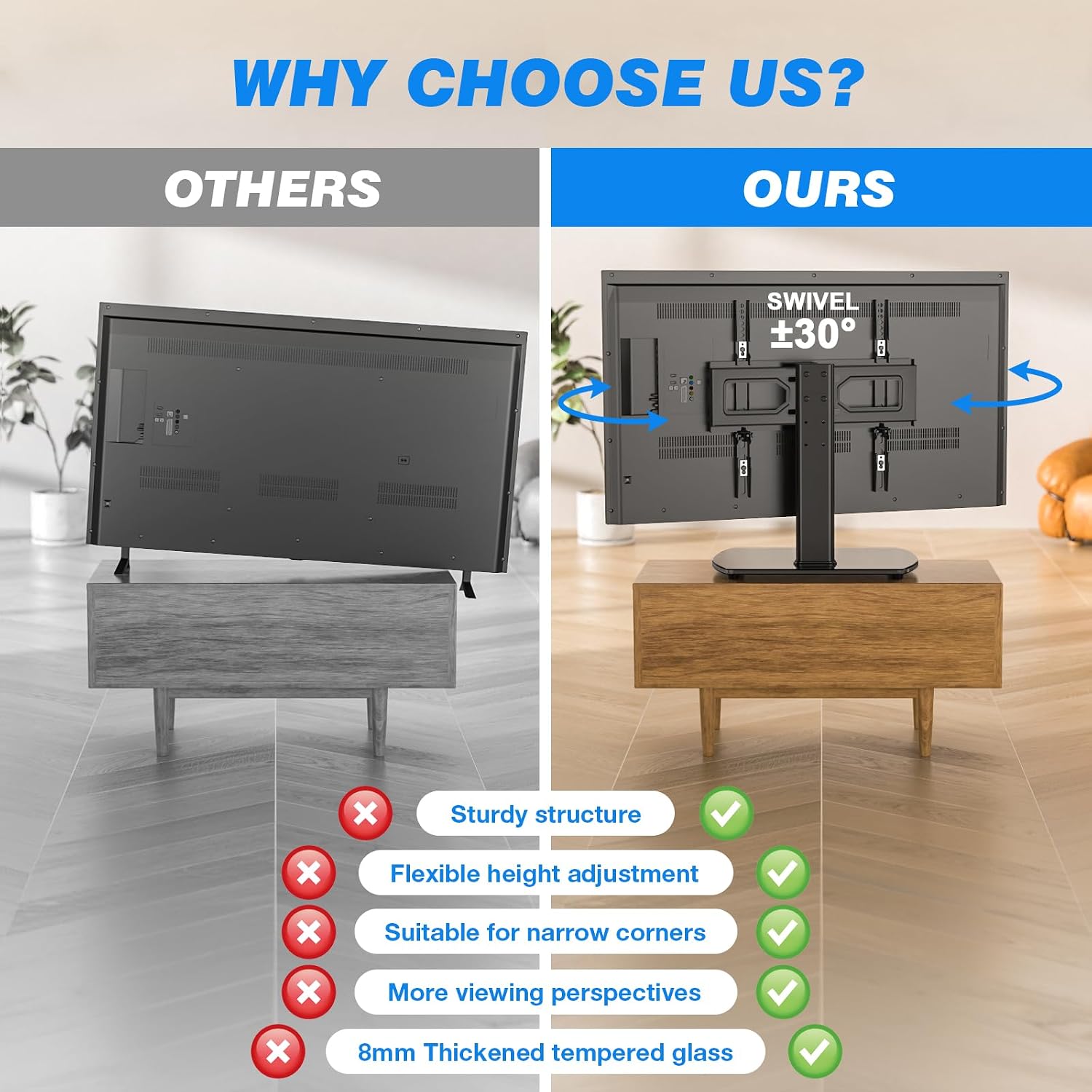 Rfiver Universal Swivel TV Stand for 27-50 55 60 Inch TVs | Height Adjustable Tabletop TV Stand Holds up to 88 lbs, Pedestal TV Stand with Tempered Glass Base, Replacement TV Mount