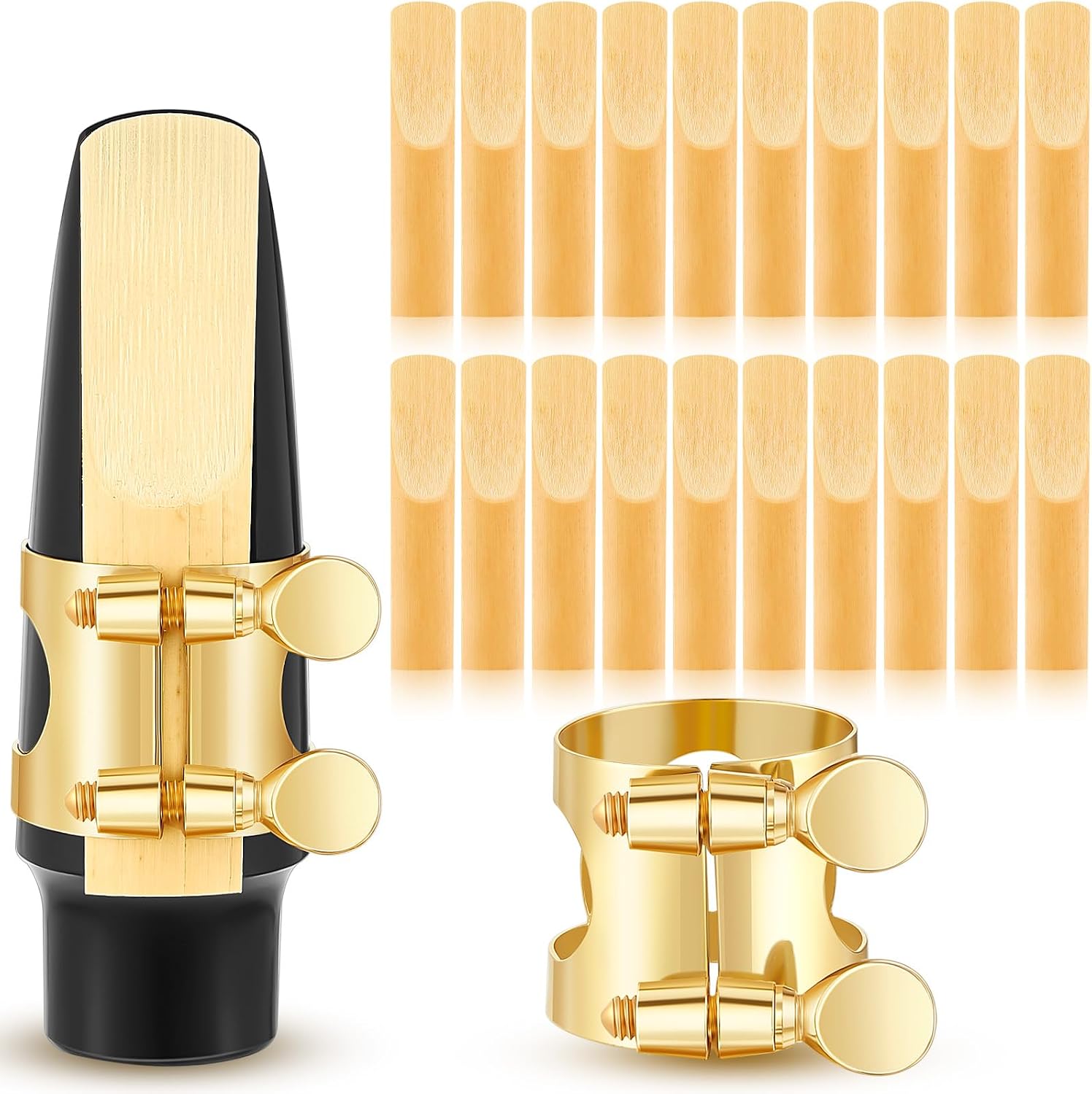 Alto Sax Ligature with 20 Pcs Alto Saxophone Reeds 2.5 Gold Alto Saxophone Ligature with Adjustable Screws Alto Saxophone Ligature Fastener Strength