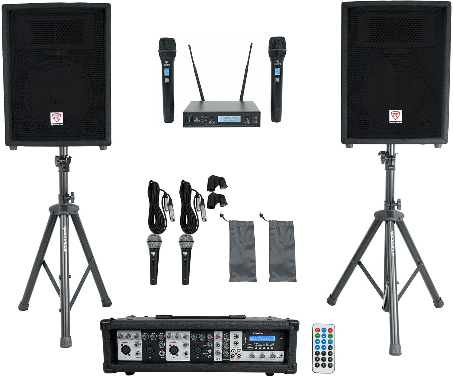 Rockville RPG2X10 10" PA Speaker Pair with Mixer and 2 UHF Wireless Mics