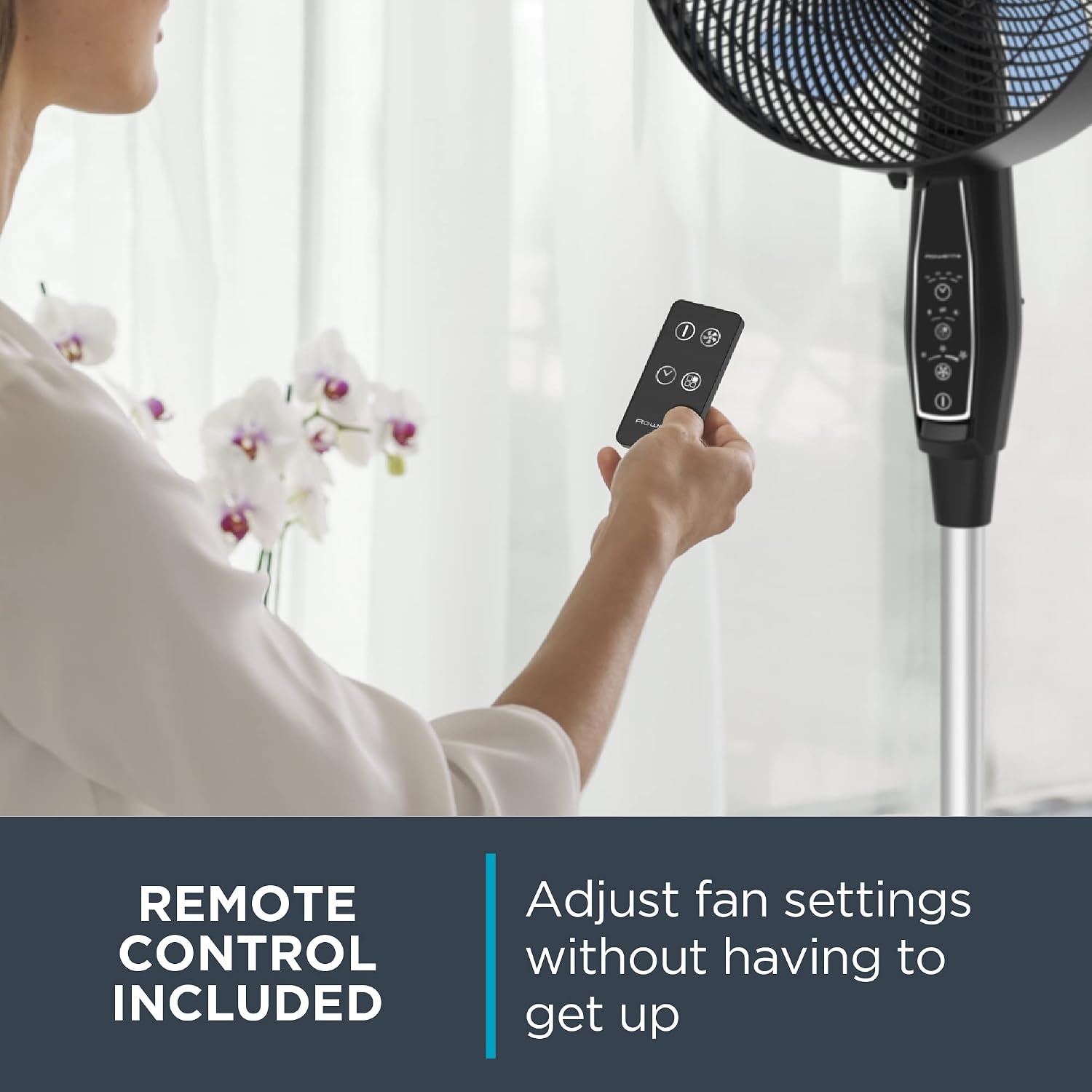 Rowenta, Desk Fan, Turbo Silence Table Fan with Remote, 18 Inches, Ultra Quiet Fan for Bedroom, Oscillating, Portable, 5 Speeds, Black, Indoor, VU2660