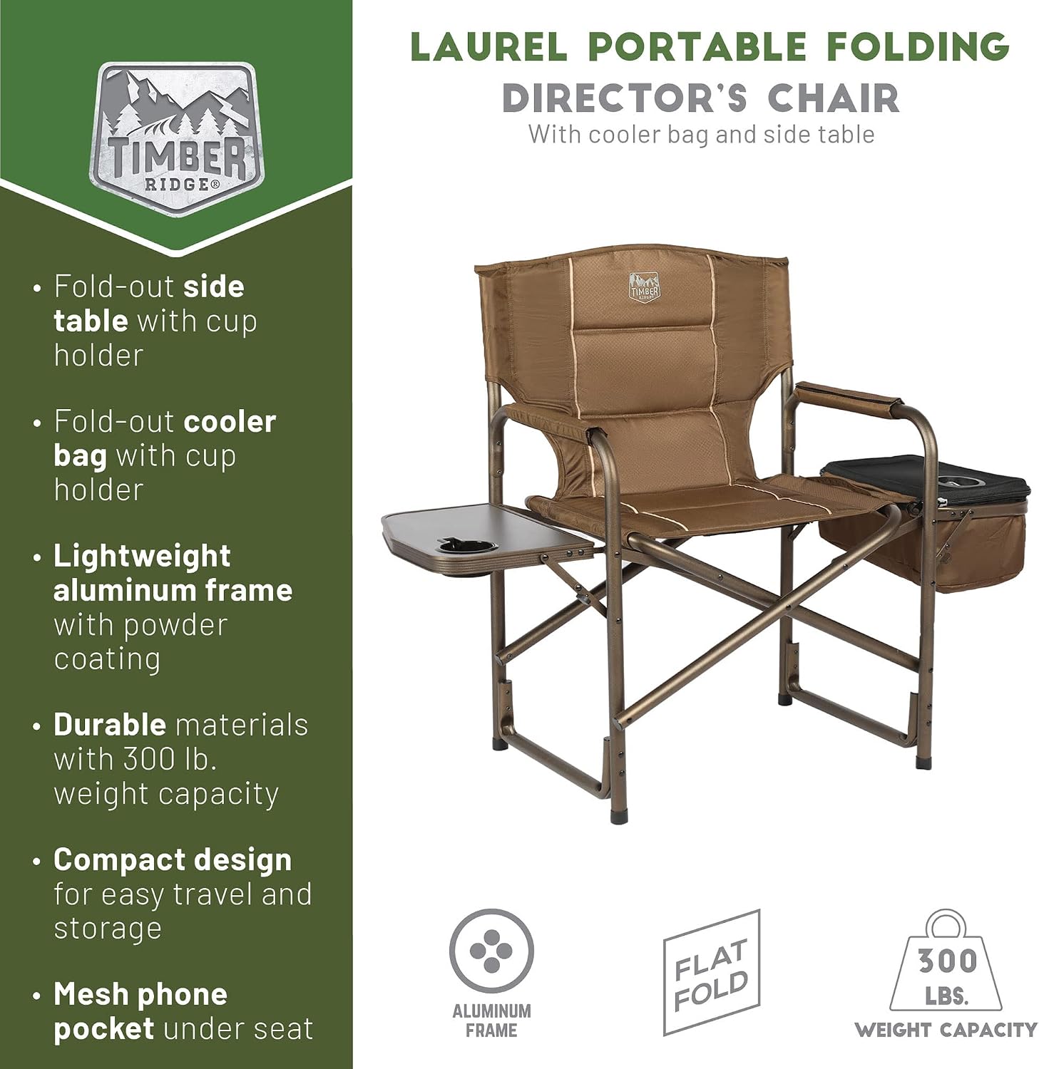 TIMBER RIDGE Lightweight Camping Chair, Portable Laurel Director's Chair with Foldable Side Table, Cooler Bag & Mesh Pocket, Compact Outdoor Folding Lawn Chair, Supports 300lbs, Grey