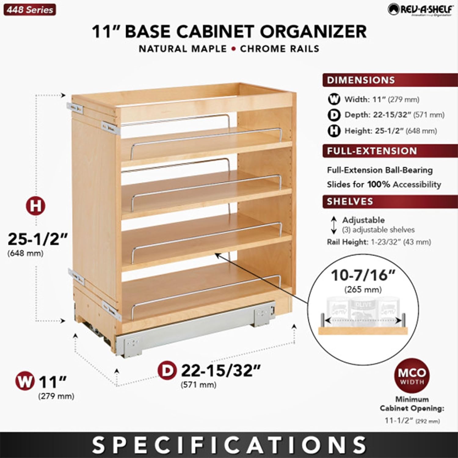 Rev-A-Shelf Pullout Kitchen Cabinet Organizer, Min Cabinet Opening 8.5" W | 8" W Slide Out Pantry Spice or Utensil Storage Rack with Adjustable Shelves for Base Cabinet Organization, 448-BC-8C