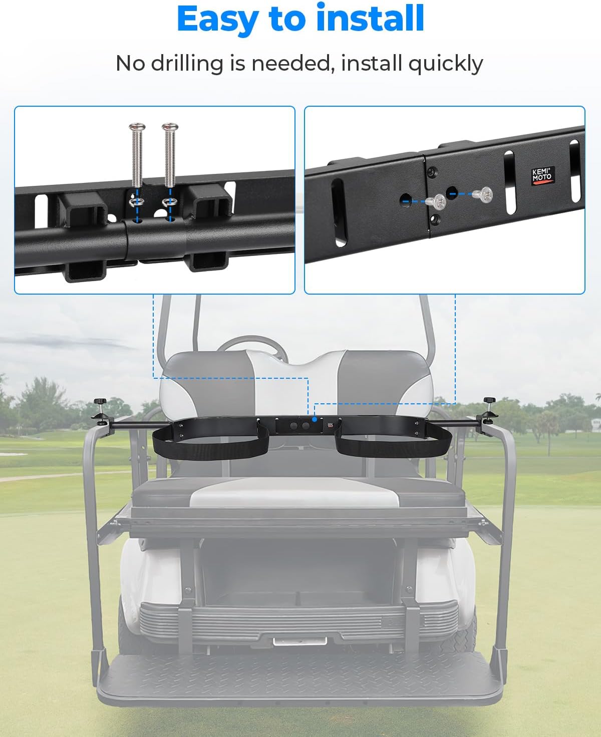 KEMIMOTO Golf Cart Bag Holder Bracket, Fit for Most 2+2 Seat Golf Carts | No Drilling Adjustable Metal Golf Cart Bag Attachment, Compatible with EZGO