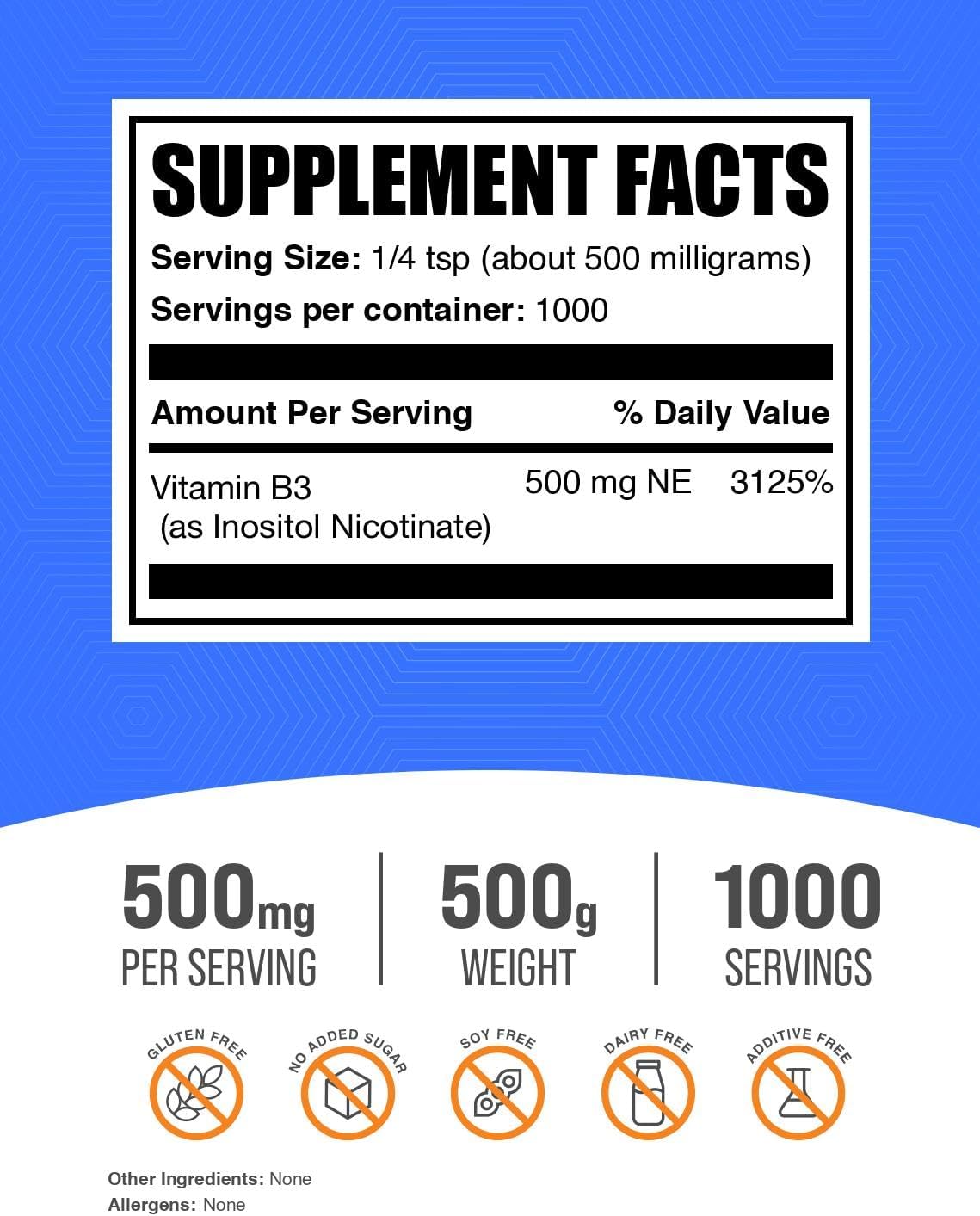 BulkSupplements.com Flush Free Niacin Powder - as Inositol Hexanicotinate, Vitamin B3 Supplement, Niacin 500mg Flush Free - Gluten Free, 500mg of per Serving, 250g (8.8 oz) (Pack of 1)