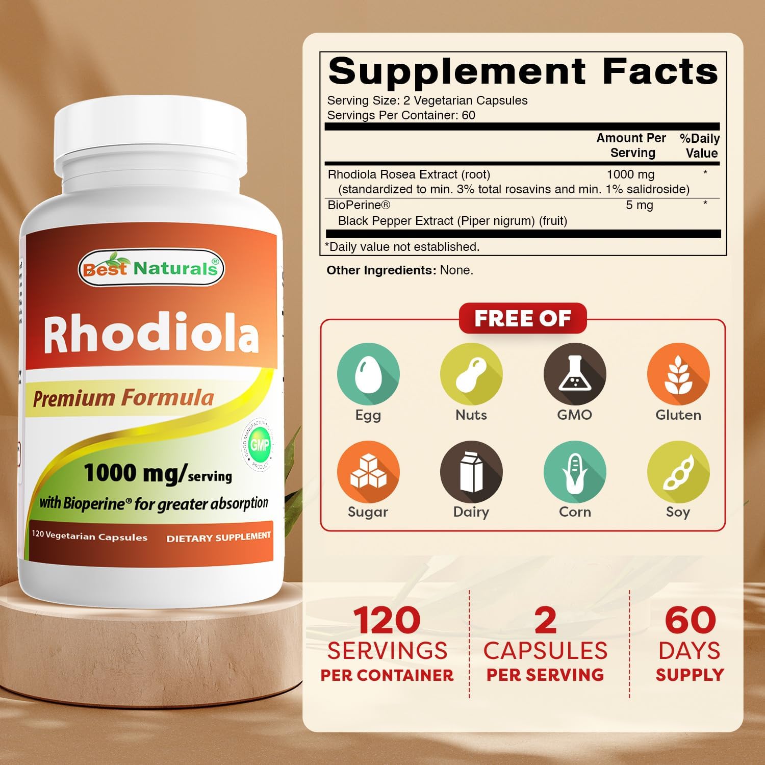 Best Naturals Rhodiola with Bioperine 1000mg Serving - 120 Veggie Capsules