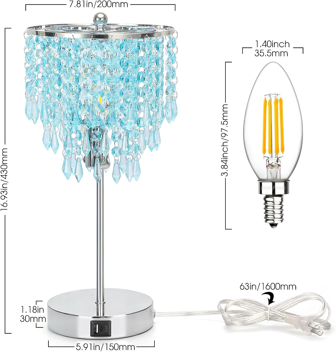Touch Control Crystal Table Lamp with USB C+A Charging Ports, 3-Way Dimmable Bedside Touch Lamp Decorative Nightstand Lamp with Elegant Lampshade for Living Room Bedroom, B11 LED Bulb Included