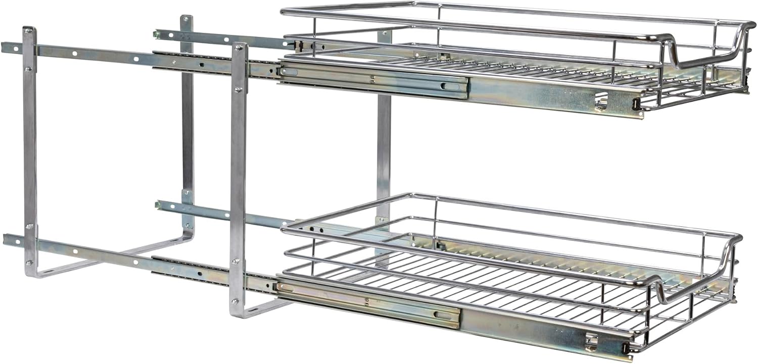 Household Essentials Glidez 2‑Tier Multipurpose Chrome‑Plated Steel Pull‑Out/Slide‑Out Under Cabinet Organizer, Chrome Finish