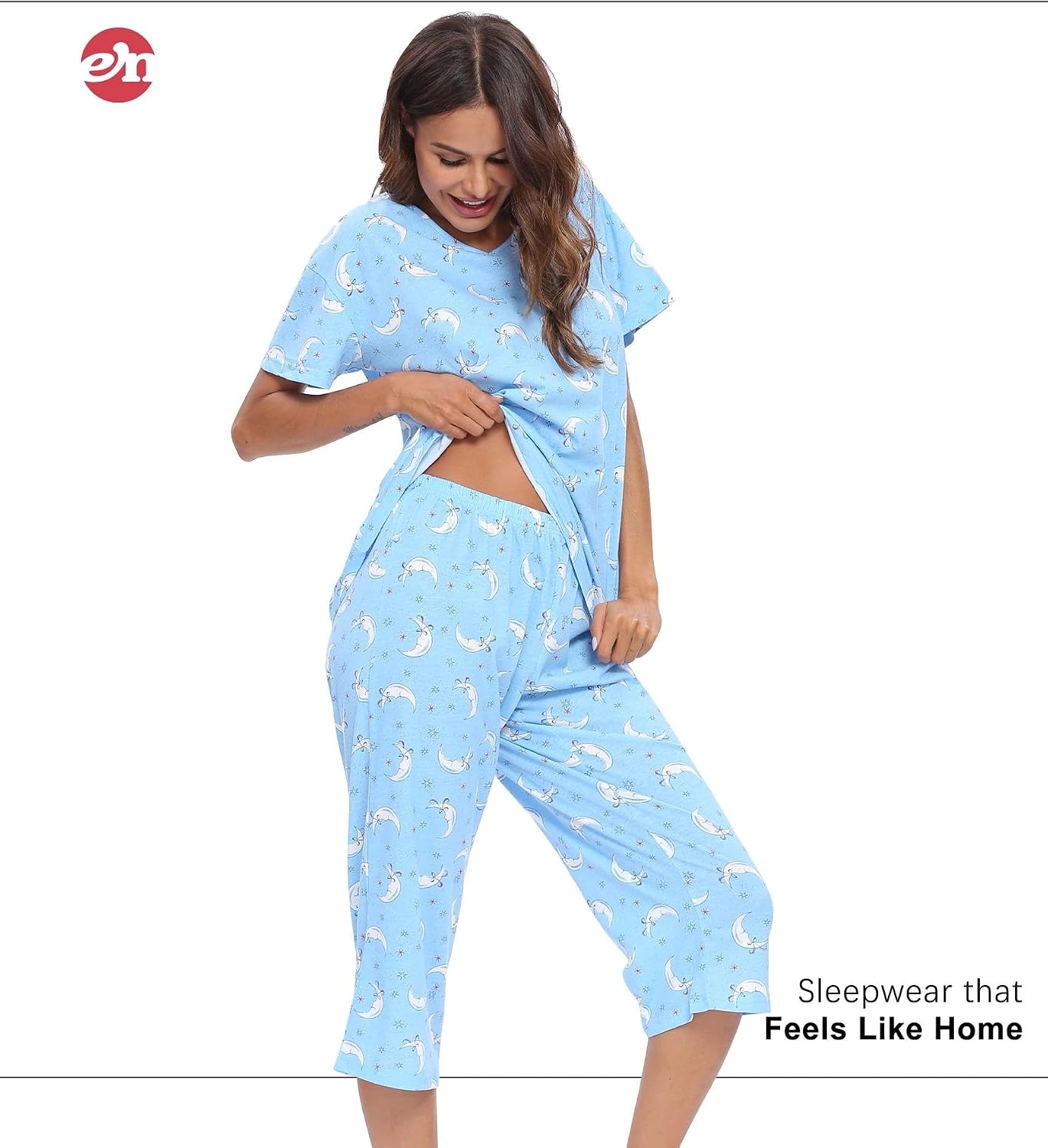 ENJOYNIGHT Womens Pajama Set Cotton Short Sleeve Top With Capri Pants Pj