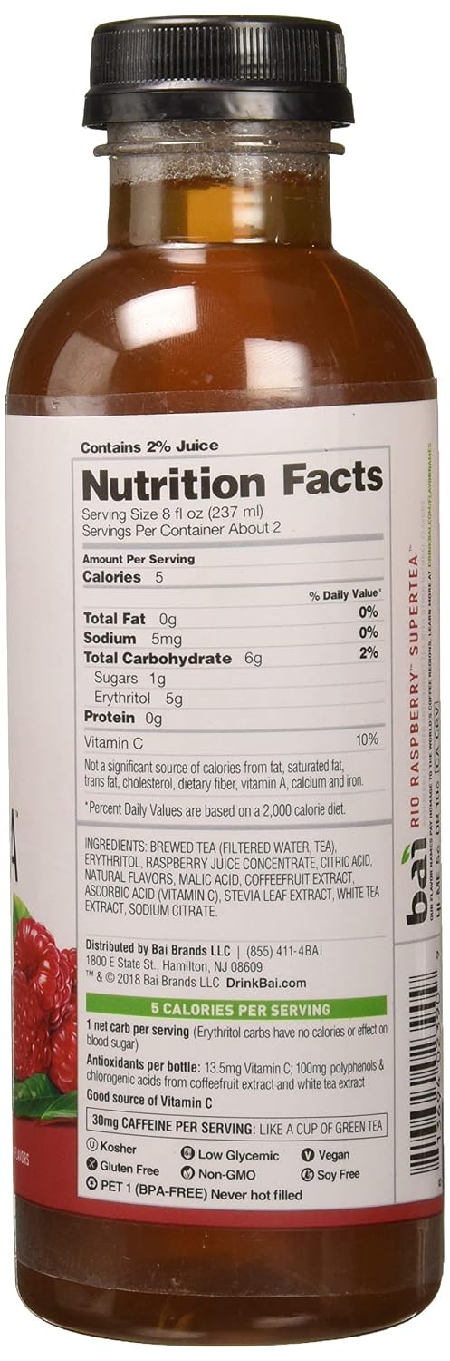 Bai Iced Tea, Narino Peach, Antioxidant Infused Supertea, Crafted with Real Tea (Black Tea, White Tea), 18 Fluid Ounce Bottles, 12 count