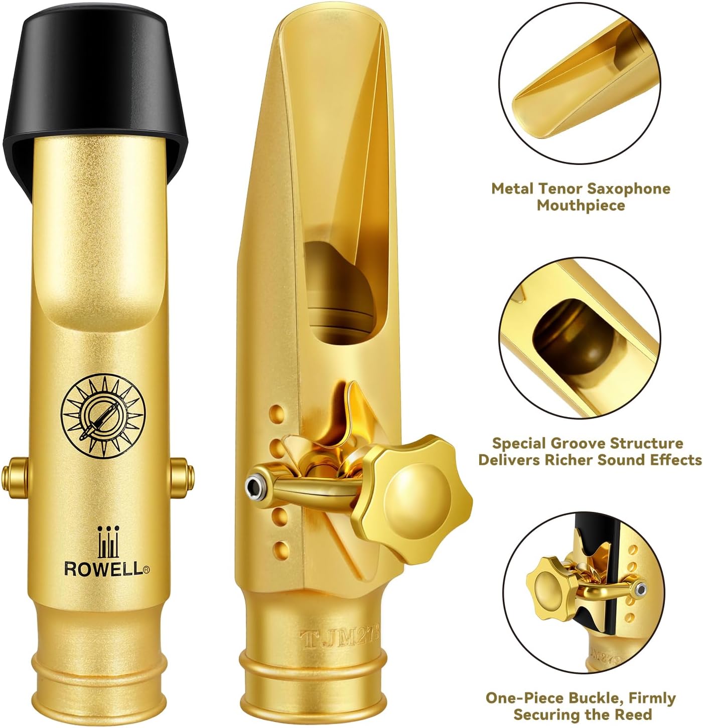 ROWELL Tenor Saxophone Metal Mouthpiece Jazz Sax Mouthpiece- 5-Level Adjustable Ligature & Protective Cap Full Tone for Jazz & Concert Band