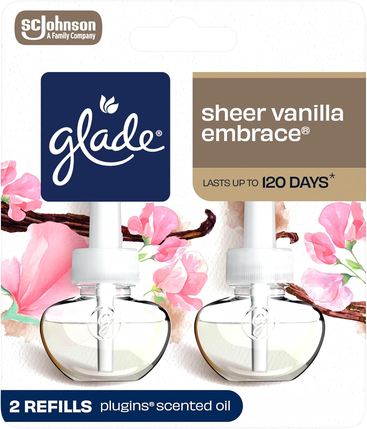 Glade PlugIns Refills Air Freshener, Scented and Essential Oils for Home and Bathroom, Sheer Vanilla Embrace, 1.34 Oz, 2 Count