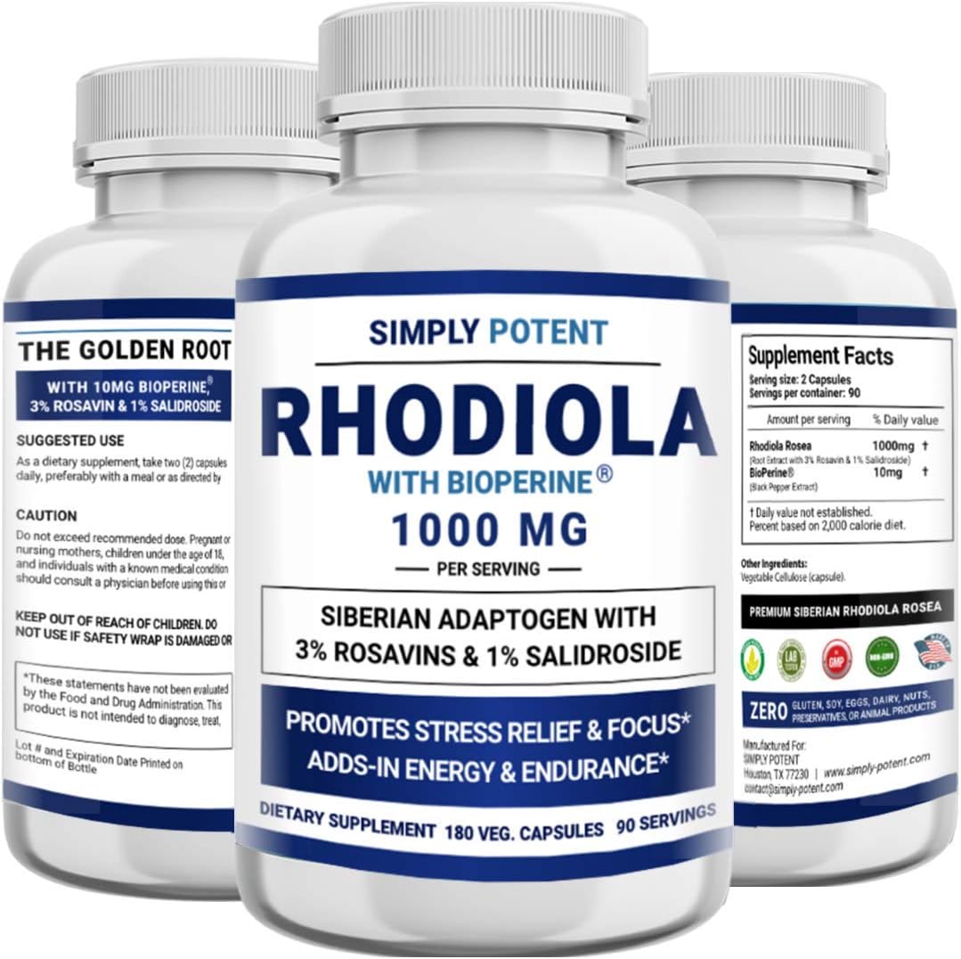 Simply Potent Siberian Rhodiola Rosea Capsules, Max Absorption Rhodiola 1000mg 180 Pills with 10mg Bioperine
