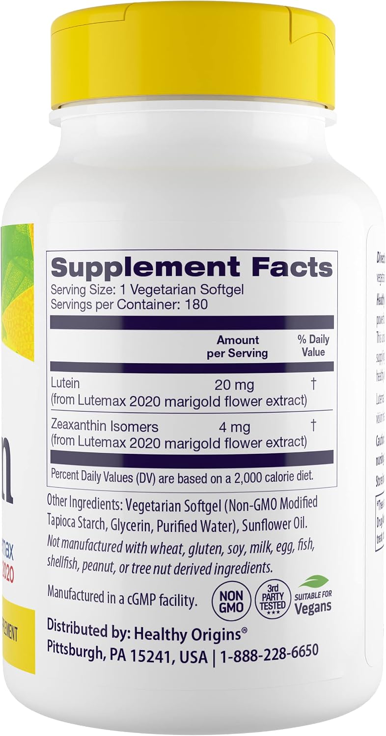Healthy Origins Lutein Lutemax 2020 20 mg & Zeaxanthin, 180 Gels