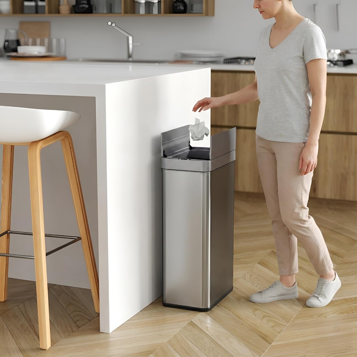iTouchless 50 Liter / 13 Gallon Kitchen Trash Can with Lid & Deodorizer – Motion Sensor Semi-Round Stainless Steel Garbage Bin for Home, Office, or Garage – Slim, Wide Opening Large Capacity Design