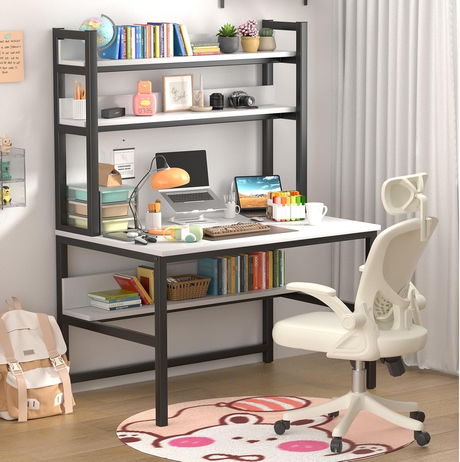 Aquzee Computer Desk with Shelves, 47" W x 23.6" D Gaming Desk with Hutch and Bookshelf