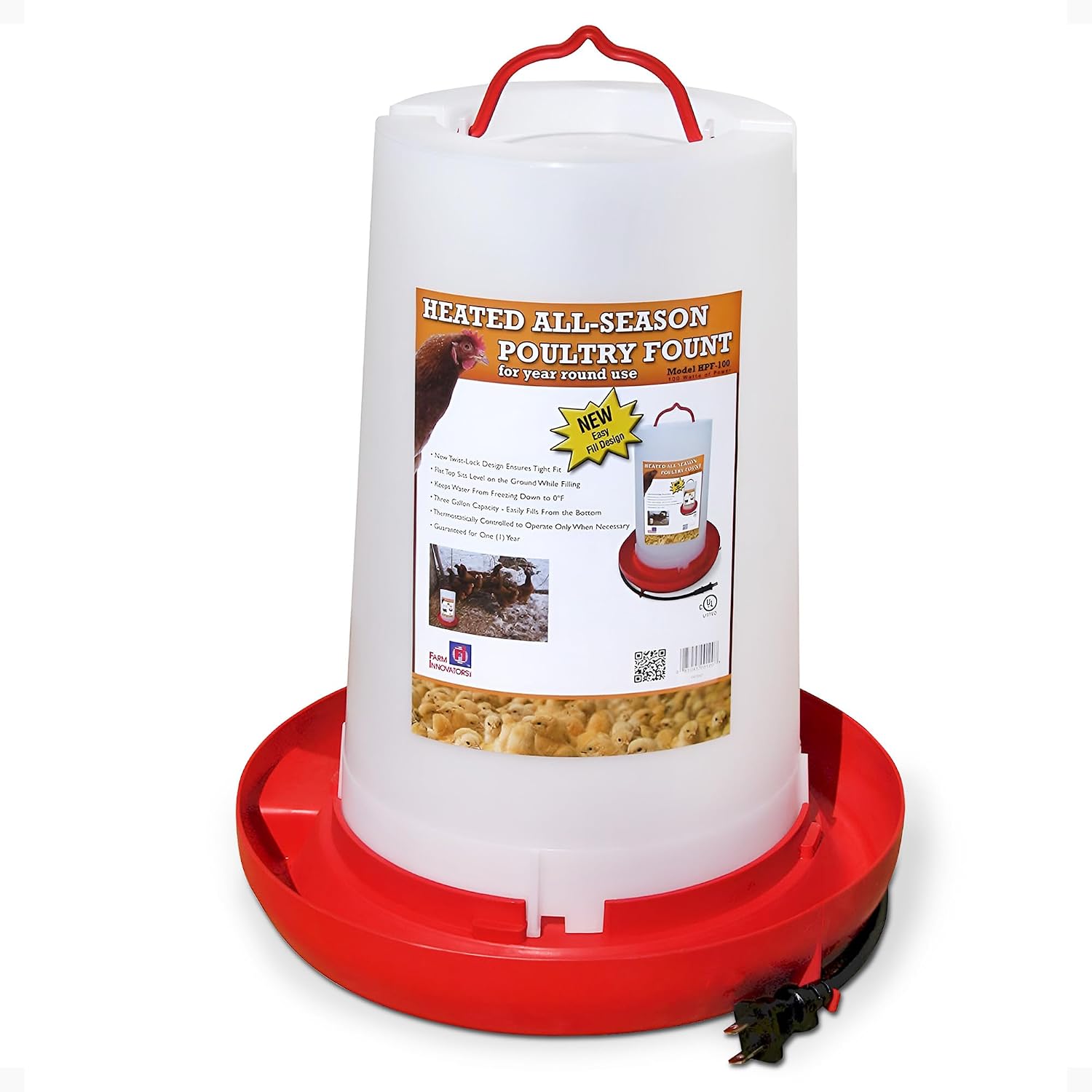 Farm Innovators HB-60P Thermostatically Controlled Heated 2 Gallon Plastic Outdoor Year Round Poultry Chicken Water Bucket Drinker, White/Red | Thermostatically controlled to keep water from freezing, side mounted drip-free/freeze-free nipples for up to…