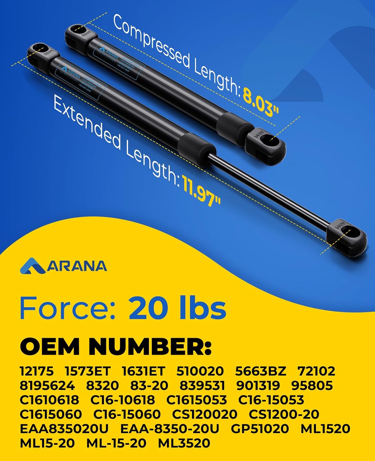 ARANA C16-11028 12 inch 40lb Gas Struts for Weatherguard Tool Box, 2PCS