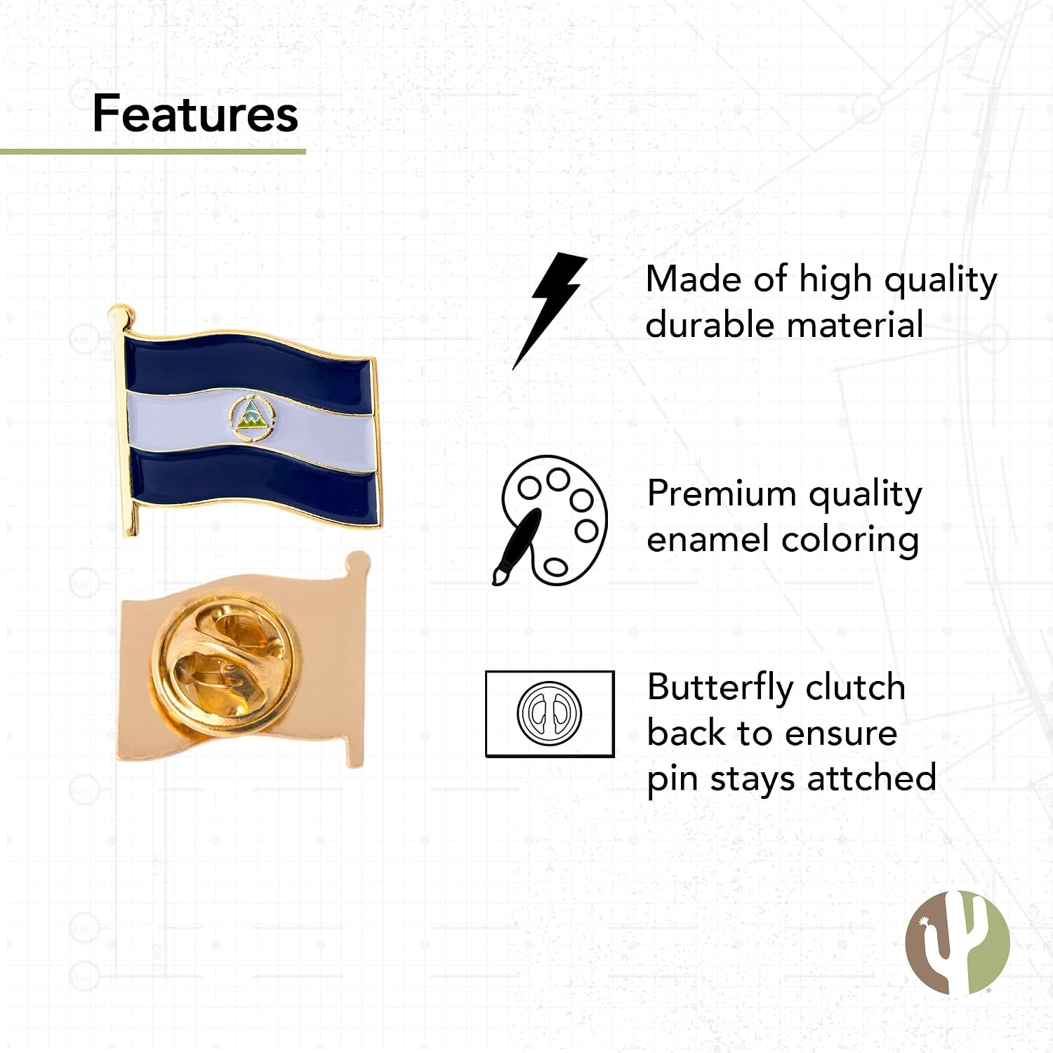 Desert Cactus Nicaragua Metal Lapel Pin Enamel Finish (Waving Flag) | Officially Licensed Nicaragua Merchandise Lapel Pin Formal Wear Bag & Hat