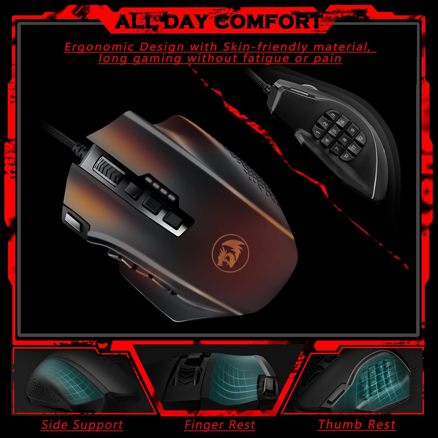 Redragon Gaming Mouse, MMO Mouse Gaming UP 12400 DPI, 19 Macro Programmable Buttons, RGB Mouse with 12 Side Buttons, 8 * 2.4g Weight Tuning for PC Laptop MOBA FPS, M901K, Black