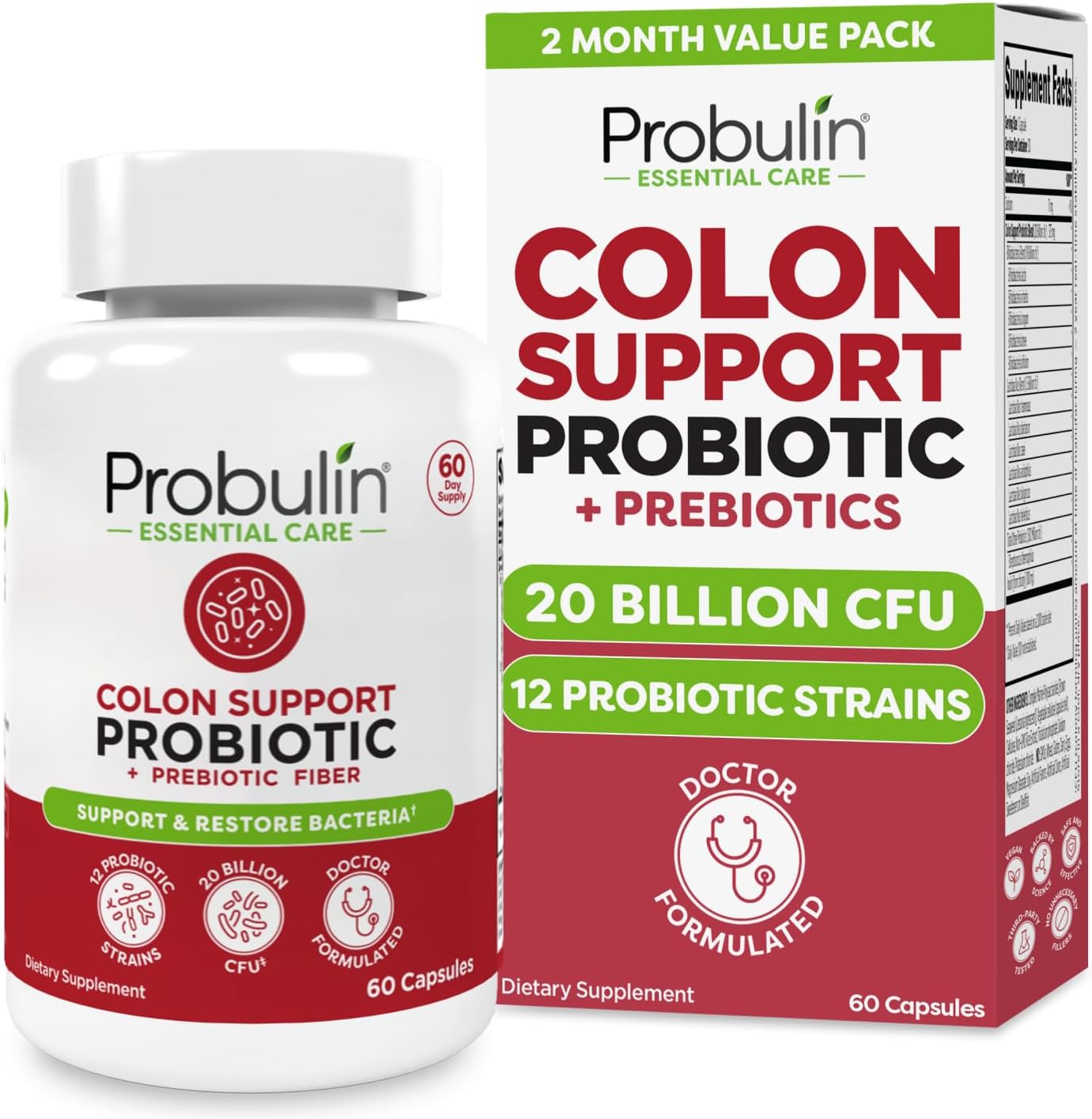 Probulin Colon Support Daily Probiotic + Prebiotic + Support Gut Health, Occasional Gas and Bloating - 20 Billion CFU - 12 Strains, 30 Vegan Capsules