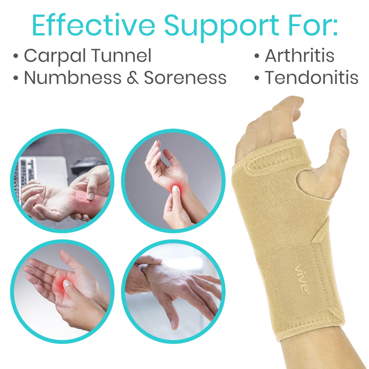Vive Wrist Brace - Carpal Tunnel Hand Compression Support Wrap for Men | Women, Tendinitis, Bowling, Sports Injuries Pain Relief - Removable Splint - Universal Ergonomic Fit (Black, Right)
