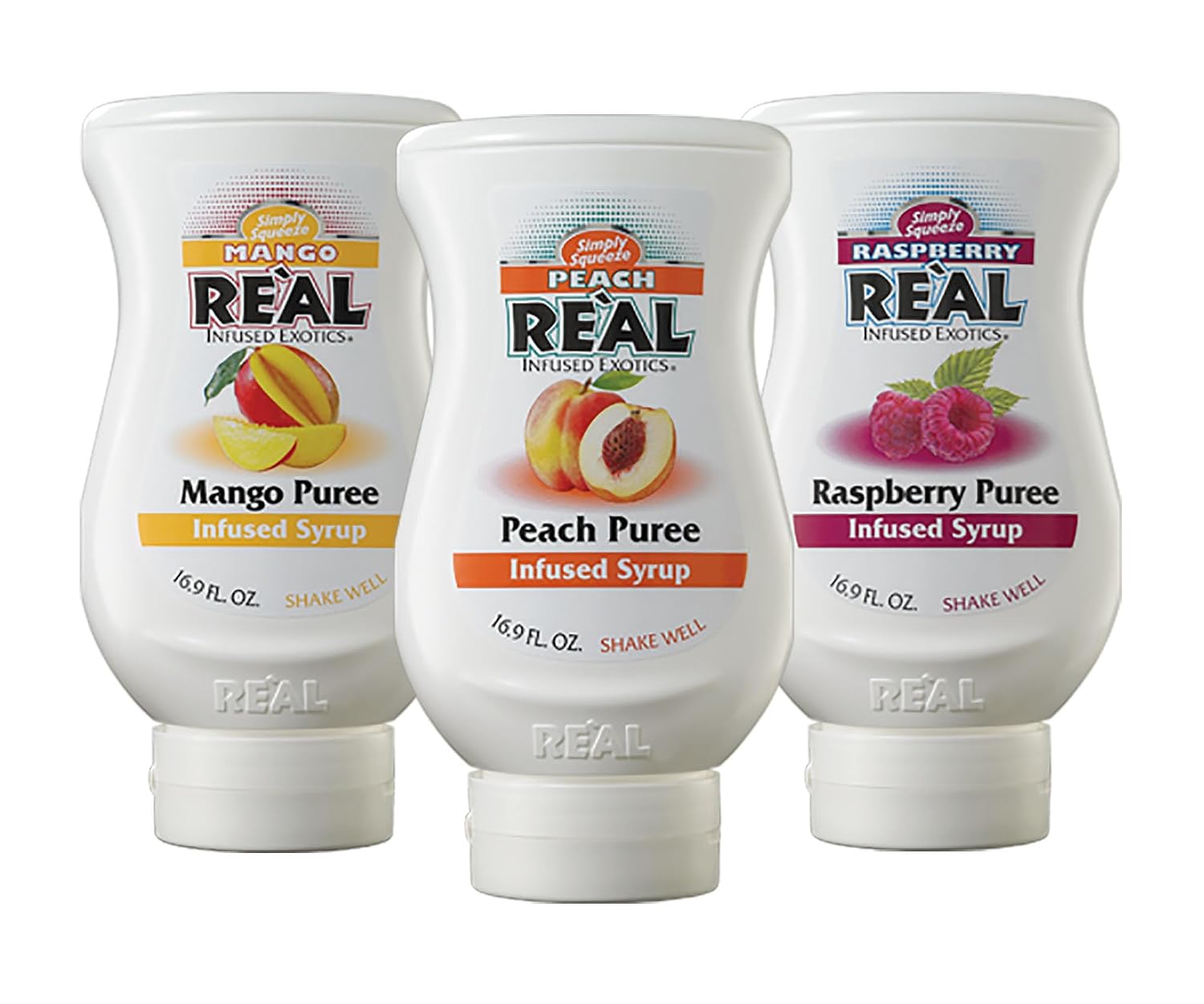 Reàl Infused Exotics Tea Flavoring Syrup - Mango, Peach, Raspberry (Pack of 3, 16.9 FL OZ Bottles) | Includes Mango, Peach, and Raspberry