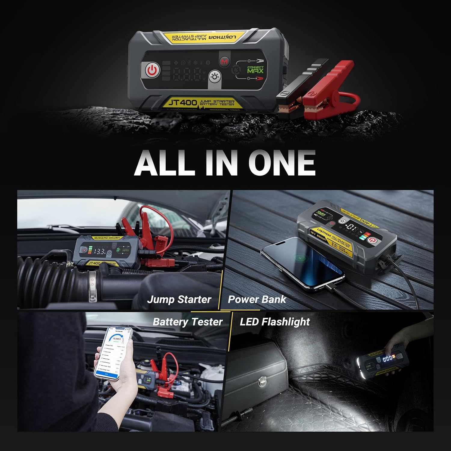 LOKITHOR JT400 2500A Portable Jump Starter with 100–2000 CCA Battery Tester, 12V Car Battery Jump Starter for Up to 8.5L Gas or 6.5L Diesel Engines, Smart Bluetooth Automotive Battery Load Tester