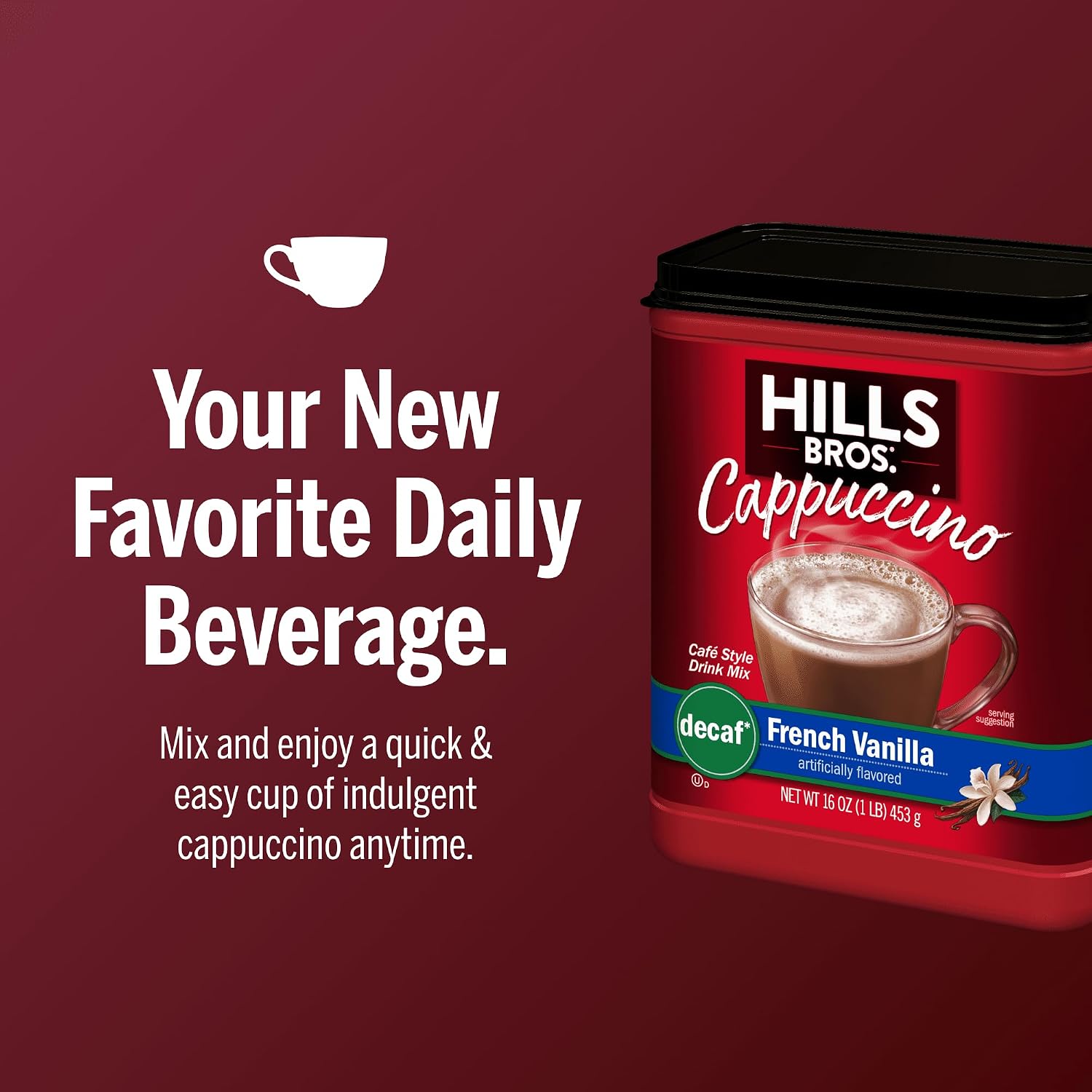 Hills Bros. Cappuccino Mix – Rich, Frothy Coffeehouse-Tasting Instant Drink Mix – Quick and Easy Preparation – Perfect for Hot & Iced Drinks & Creaming Coffee – Double Mocha, 1 Pack of 16oz