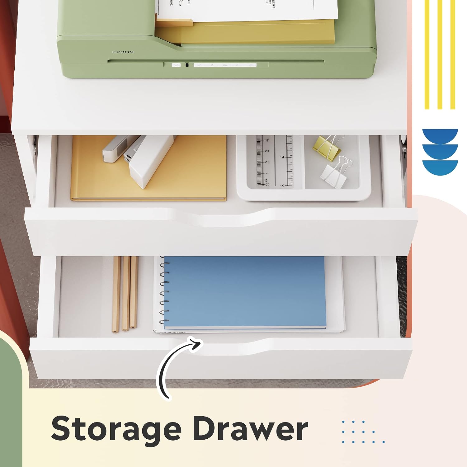DEVAISE 7-Drawer Office File Cabinets, Mobile Craft Storage Cabinet, White | Wood Drawer Unit, Storage Cabinet, Rolling Cart, Printer Stand, Filing Cabinet with Drawers