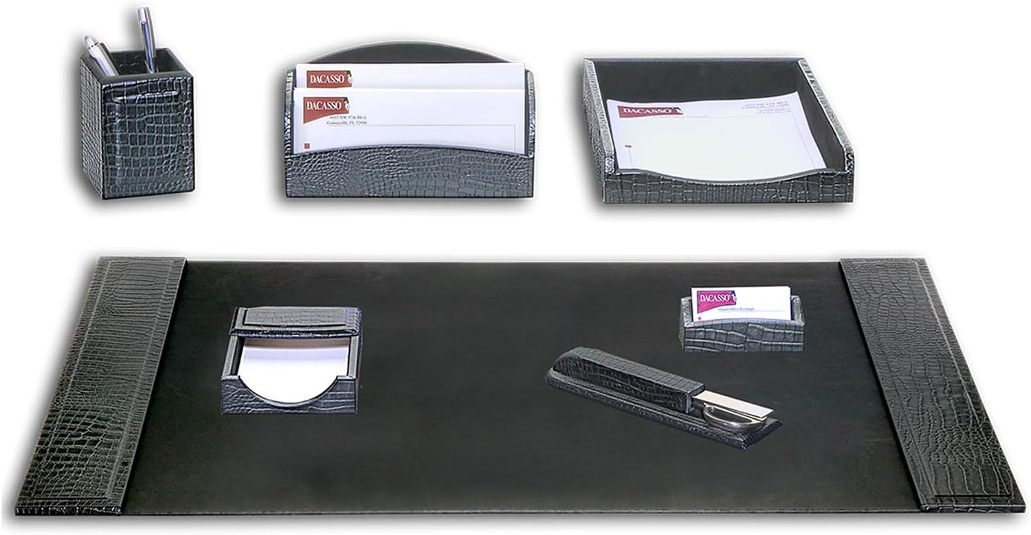 Dacasso Black Crocodile Embossed Leather Desk Set, 7-Piece D2204