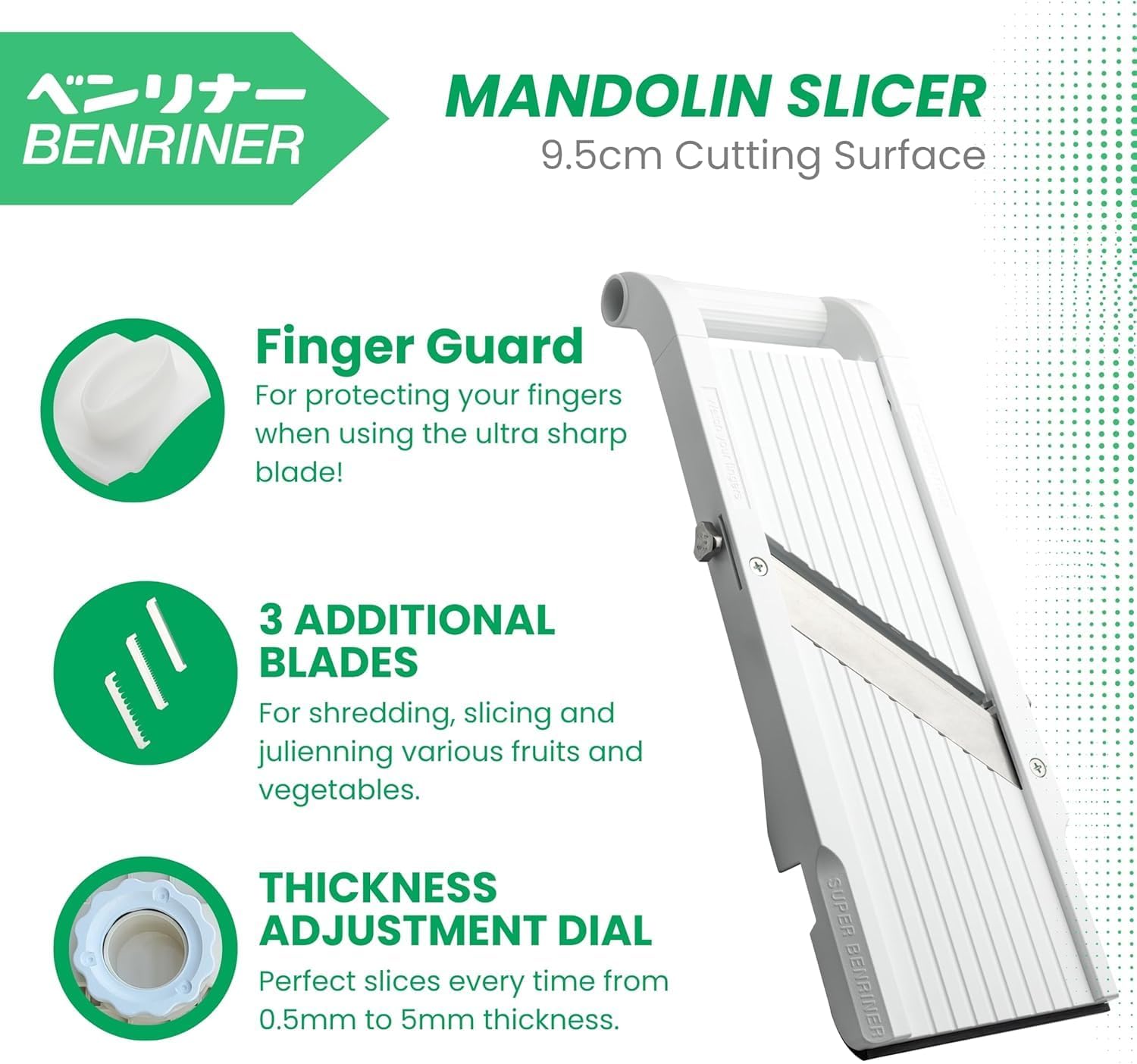 Benriner Mandoline Slicer with 4 Blades, Japanese Stainless Steel, BPA Free, 12.75 x 3.625-Inches, Beige