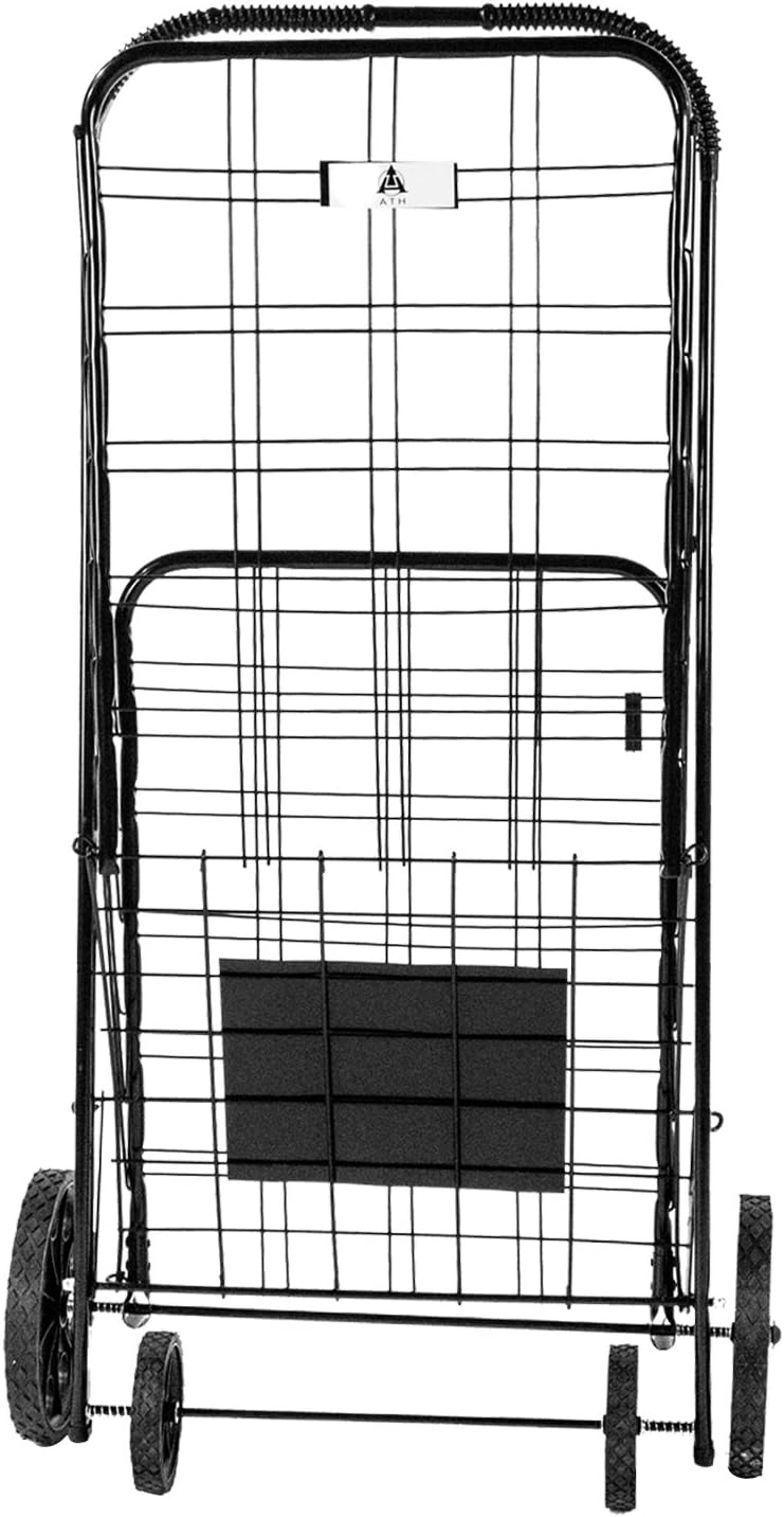 ATH Large Deluxe Rolling Utility / Shopping Cart - Stowable Folding Heavy Duty Cart with Rubber Wheels For Haul Laundry, Groceries, Toys, Sports Equipment, Red