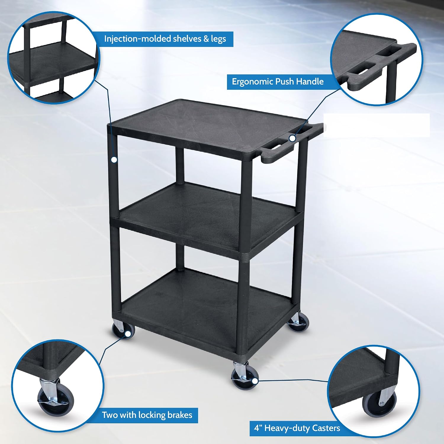 Luxor Multipurpose Three Shelves Structural Foam Plastic Storage Utility Cart - Black