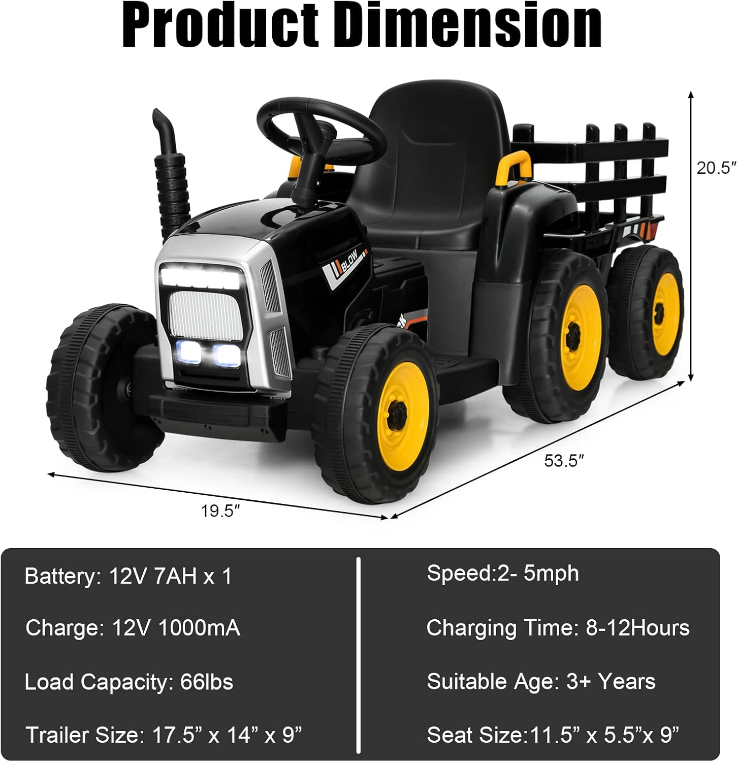 Costzon Ride on Tractor with Detachable Trailer, Kids' Electric Vehicles w/3-Gear-Shift Ground Loader, Wireless Design & USB, 7 LED Headlights