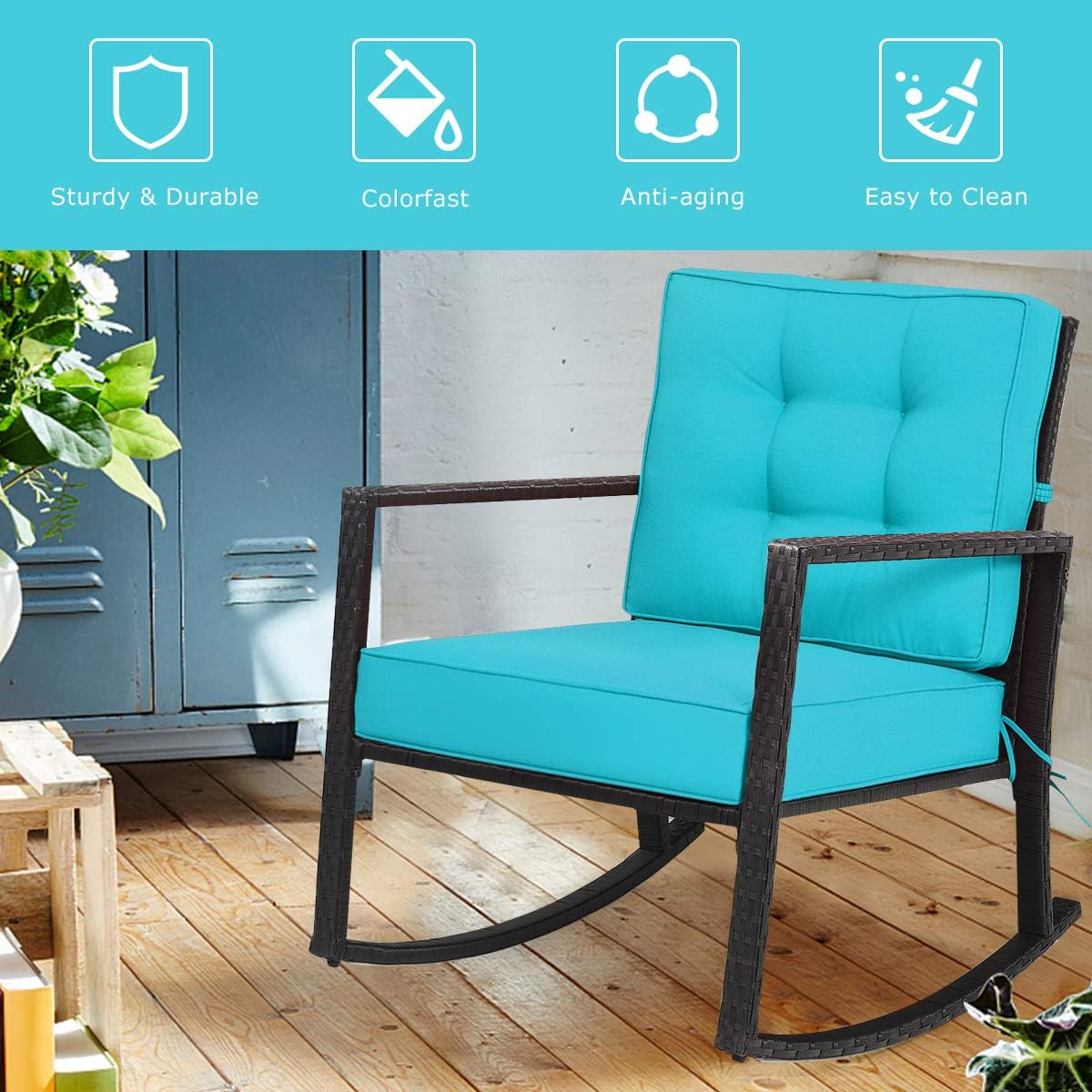 Tangkula Wicker Rocking Chair, Outdoor Glider Rattan Rocker Chair with Heavy-Duty Steel Frame