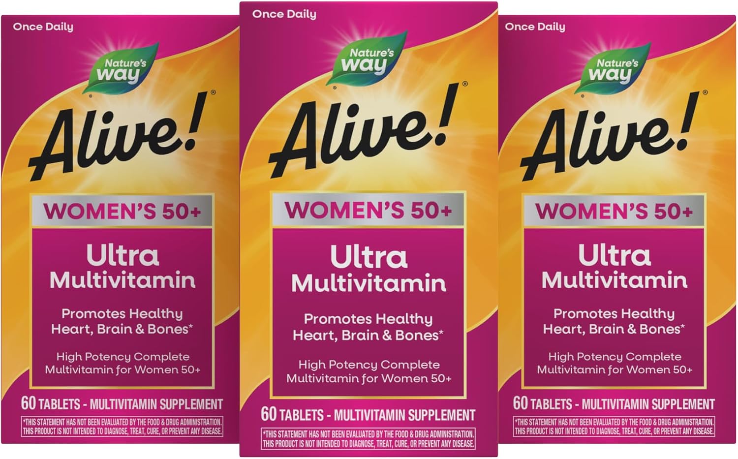 Nature's Way Alive! Women's 50 Plus Ultra Potency Multivitamin, 60 ct | Complete and High Potency Formula with Vitamin D3, C, E, and Methylated B12; Supports Heart, Brain, and Bone Health*.