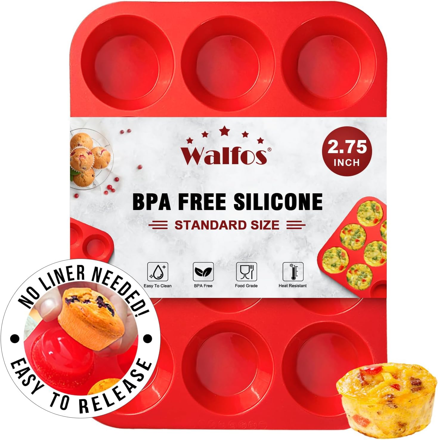 Walfos Silicone Texas Muffin Pan - 6 Cup Jumbo Silicone Cupcake Pan, Non-Stick, Just Release! Perfect for Egg Muffin
