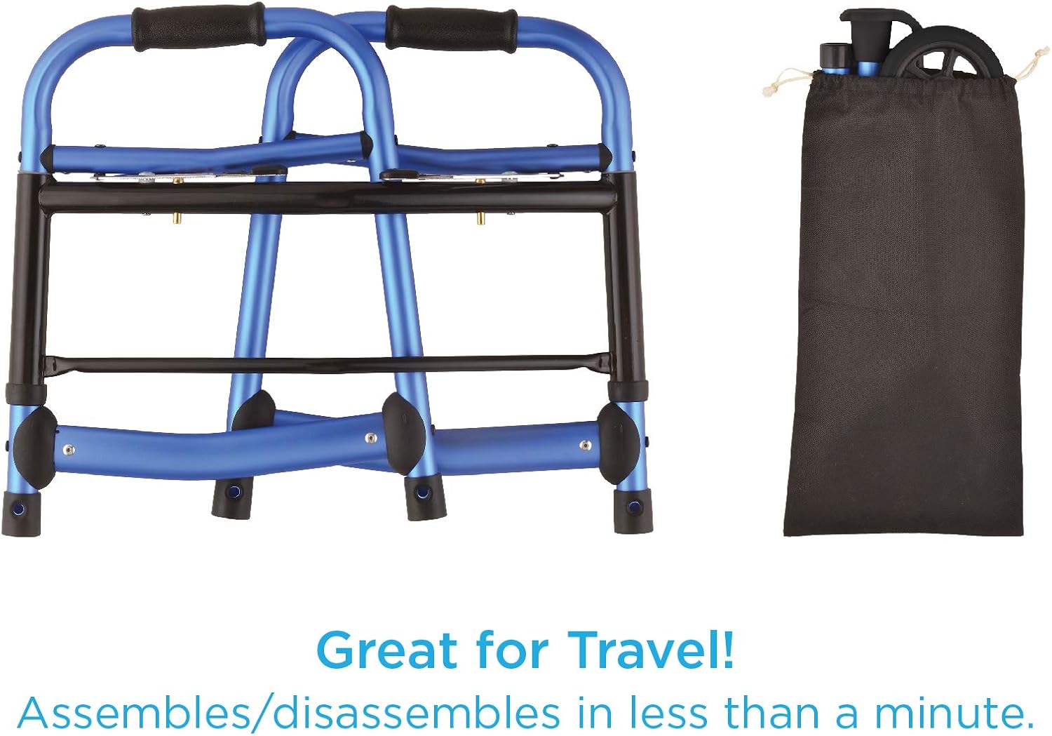 NOVA Medical Products Folding Walker with 5” Front Wheels, Glide Skis and Mobility Bag, Portable and Great for Travel, Blue