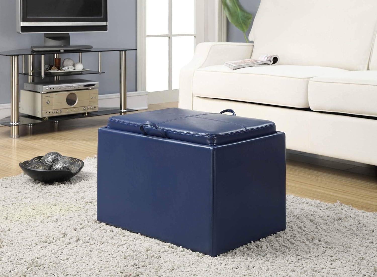 Convenience Concepts Designs4Comfort Accent Storage Ottoman 22.75" - Modern Foot Stool with Decorative Tray for Living Room, Dining Room, Office, Blue Faux Leather