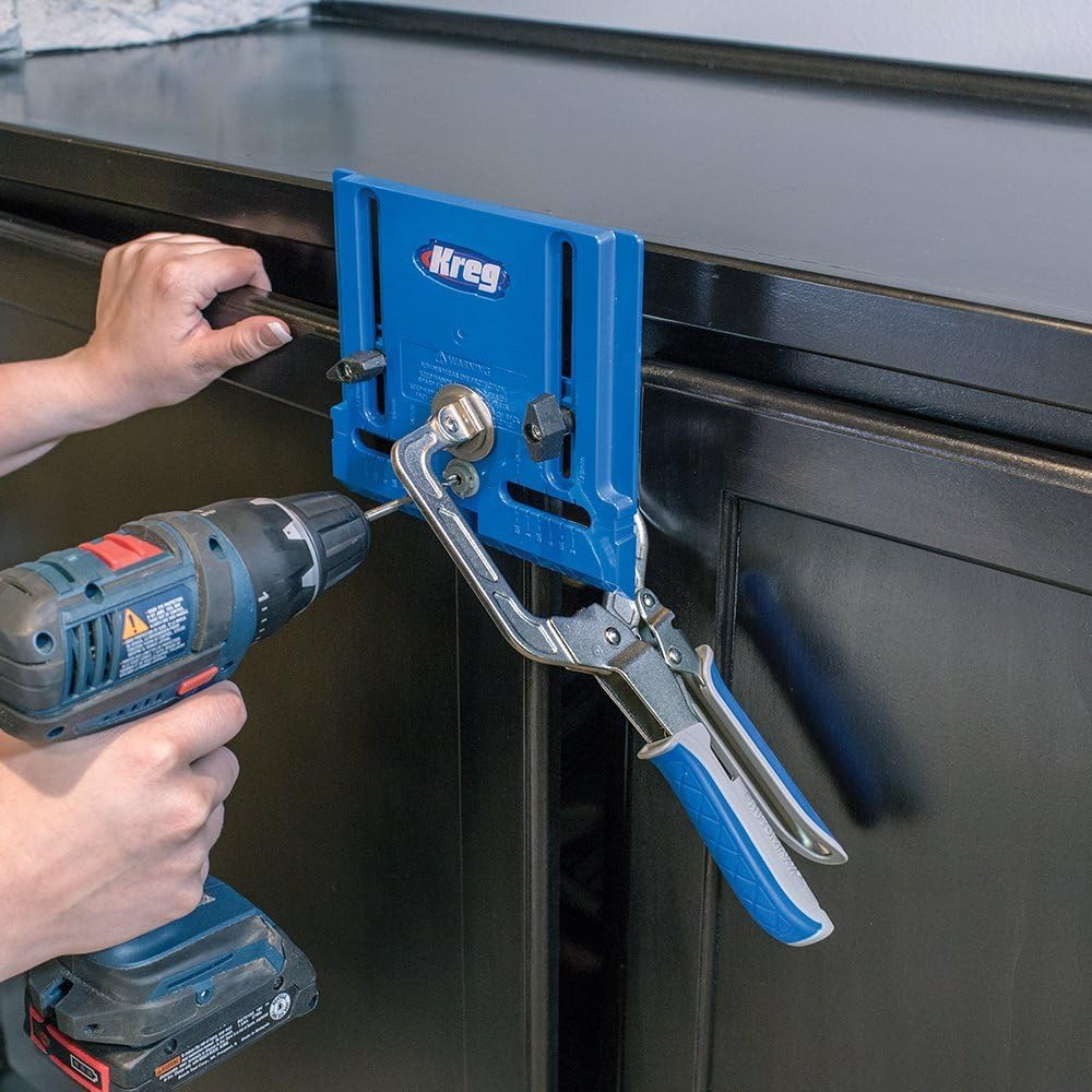 Kreg Cabinet Hardware Jig - Portable Straight Hole Drilling - Precision Drilling Without a Press - Moveable Edge Guide for Accurate Positioning