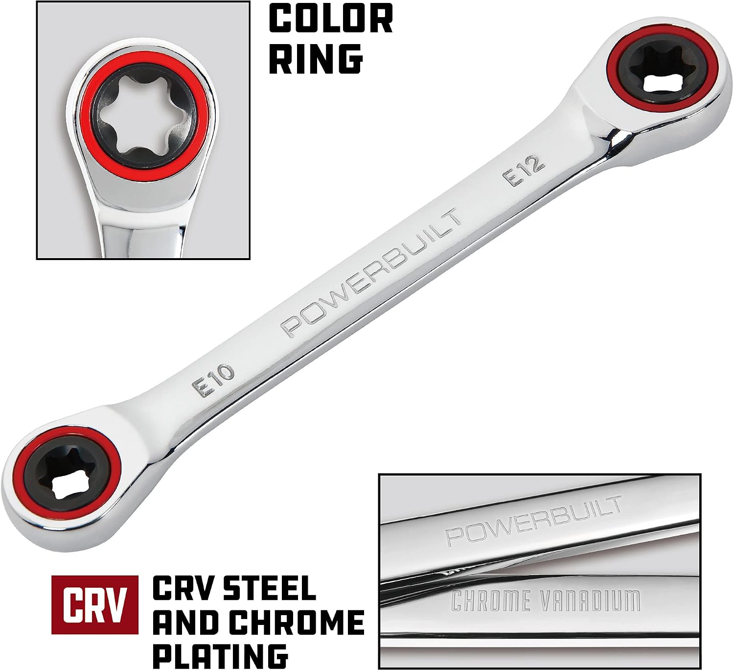 Powerbuilt E10/E12 Ratcheting Double Box-End E-Torx E-Star Wrench, 72-Tooth Ratcheting Wrench with 5-Degree Swing for Tight Spaces - 641760