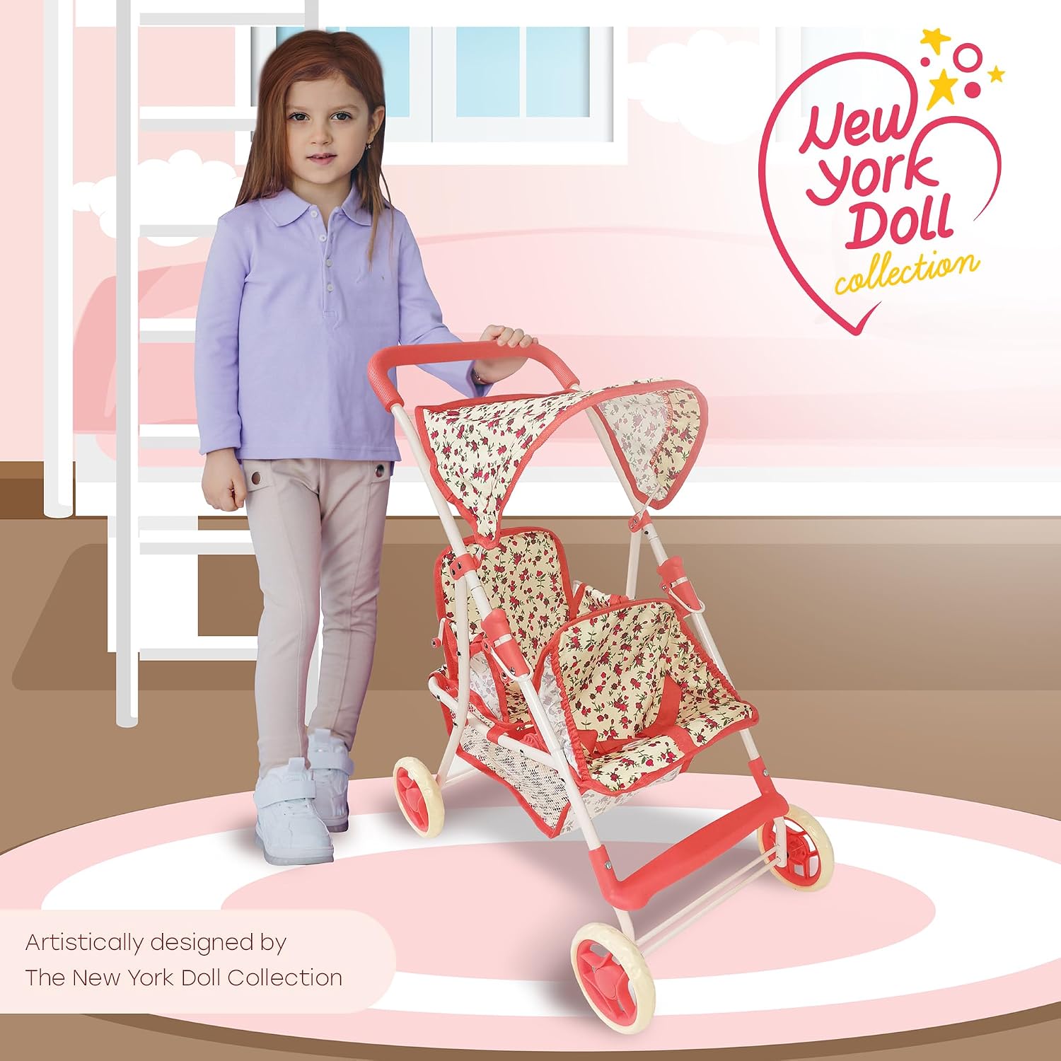 My First Doll Twin Stroller - Cutest Heart Design Doll Twins Stroller - Great Toy Gift for Girls