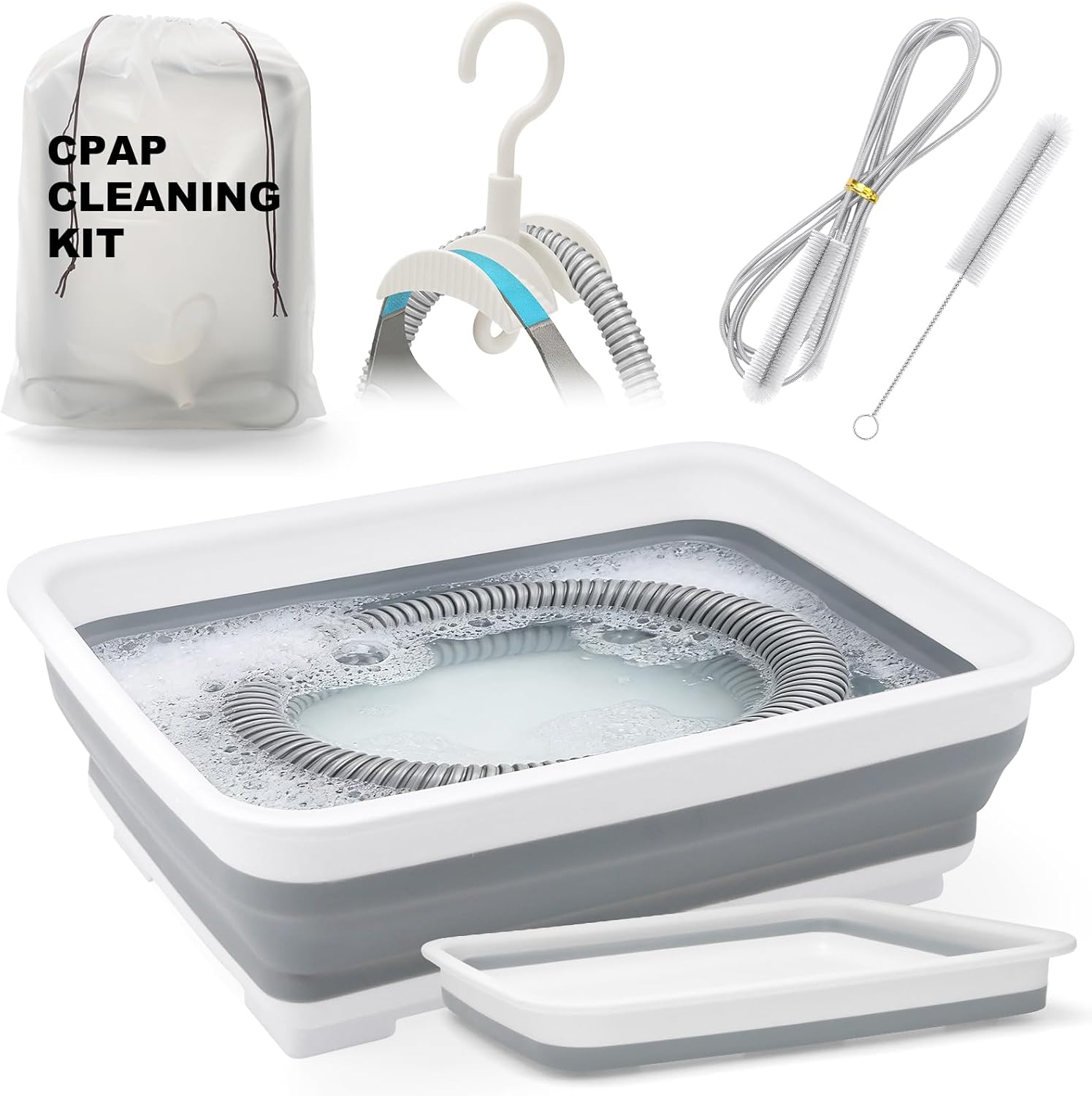 9 Pack CPAP Cleaning Kit for Hose & Mask, with Speed Control Hose Dryer, Collapsible Wash Basin & Hose Hanger, 7ft Cleaning Brush, CPAP Cleaning Supplies with Storage Bag, for 22mm & 15mm Tube