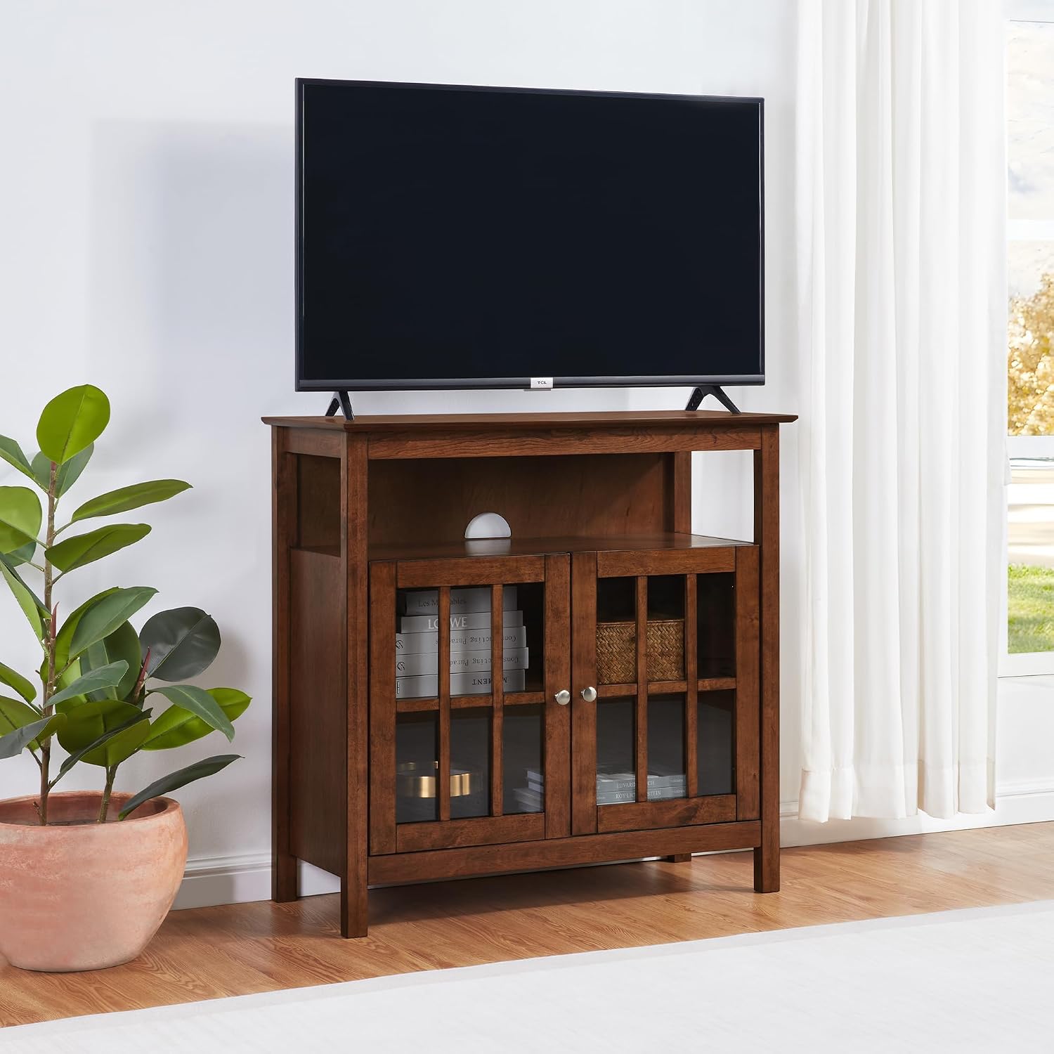Convenience Concepts Big Sur Highboy TV Stand with Storage Cabinets and Shelves in White Finish
