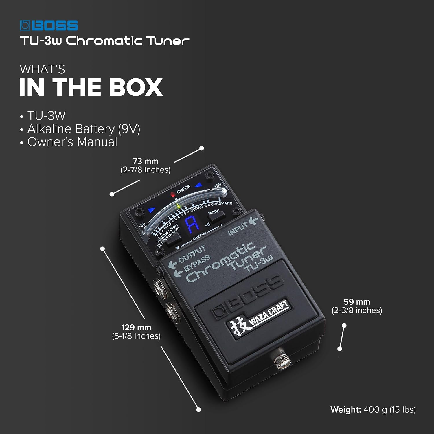 BOSS TU-3W Waza Craft Compact Chromatic Tuner | Enhanced with Waza Innovation & Craftsmanship | Superior Tuning for Guitar and Bass | 21-Segment