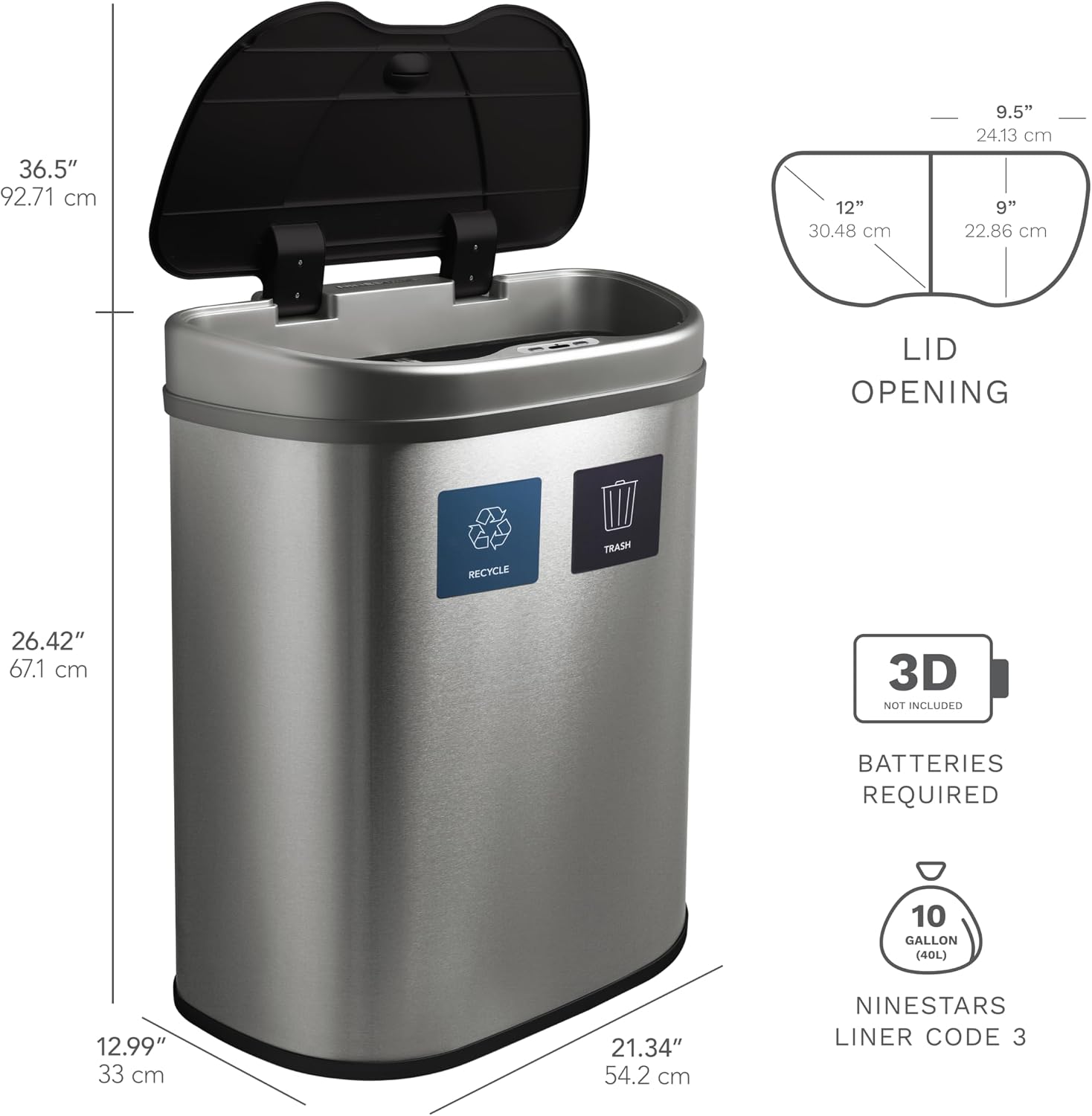 Ninestars DZT-70-R3 Motion Sensor Trash Can, Extra Large, Silver