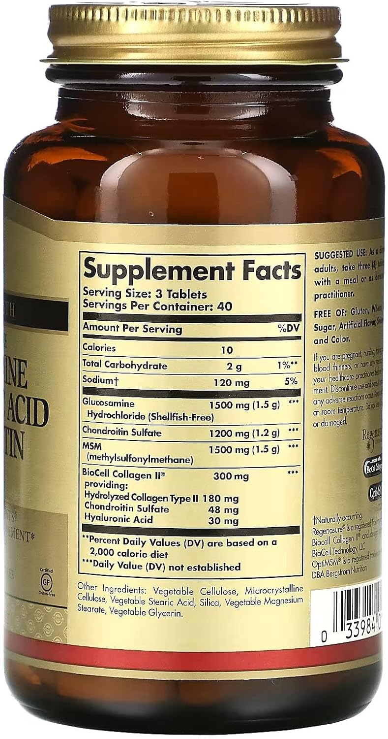 Solgar Glucosamine Hyaluronic Acid Chondroitin MSM, 60 Tablets | (Shellfish-Free), Joint Support & Comfort - Supports Active Lifestyles - Non-GMO, Gluten Free, Dairy Free - 20 Servings