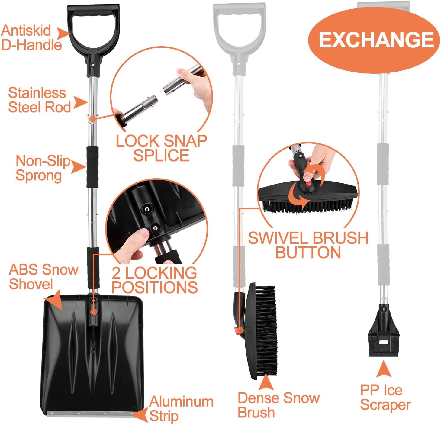 3-in-1 Portable Snow Shovel Kit with Ice Scraper and Snow Brush | Emergency Collapsible Design Snow Remover Set for Garden, Camping, Car