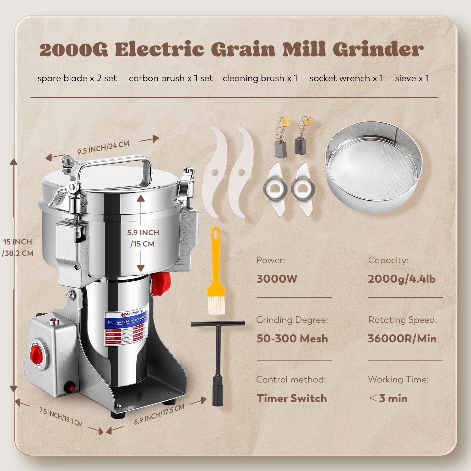 Moongiantgo Grain Mill Grinder Commercial Spice Grinder, 2500g Swing, 110V