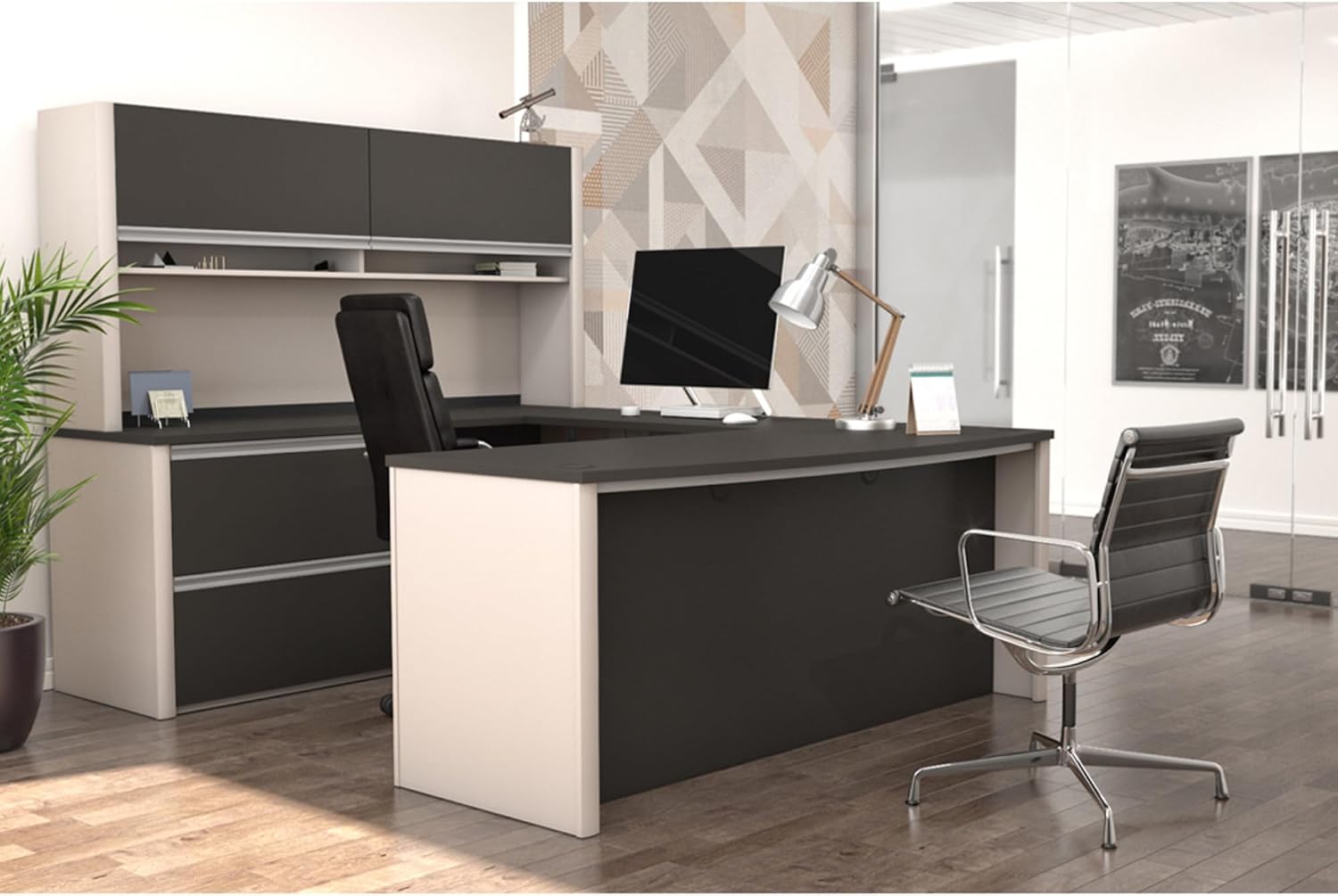 BESTAR Connexion U-Shaped Workstation with Two Oversized Pedestals, Slate/Sandstone | With Two Oversized Pedestals